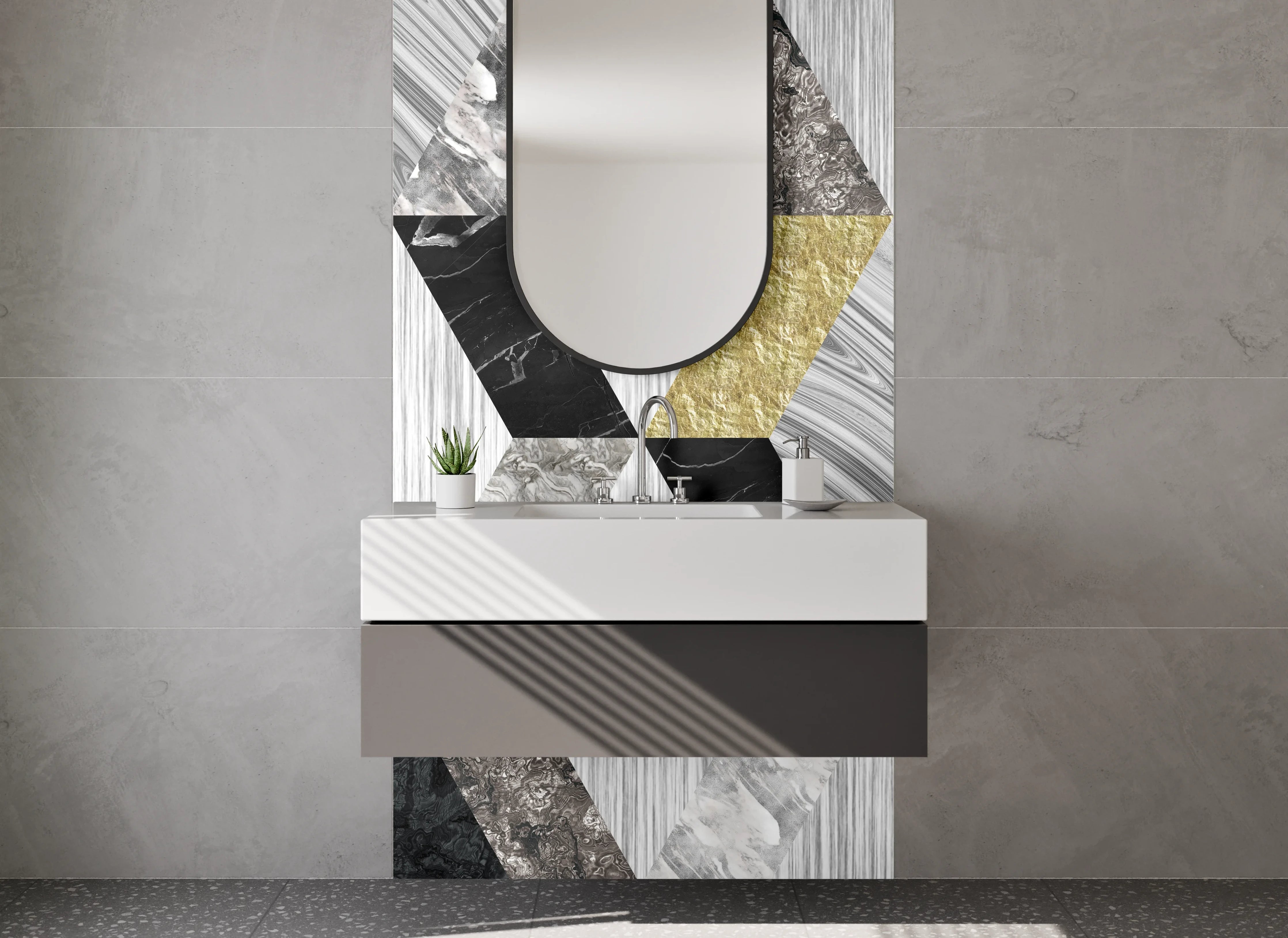 Waschbecken-Rückwand - Geometrisches Marmor-Mosaik in Gold-Optik