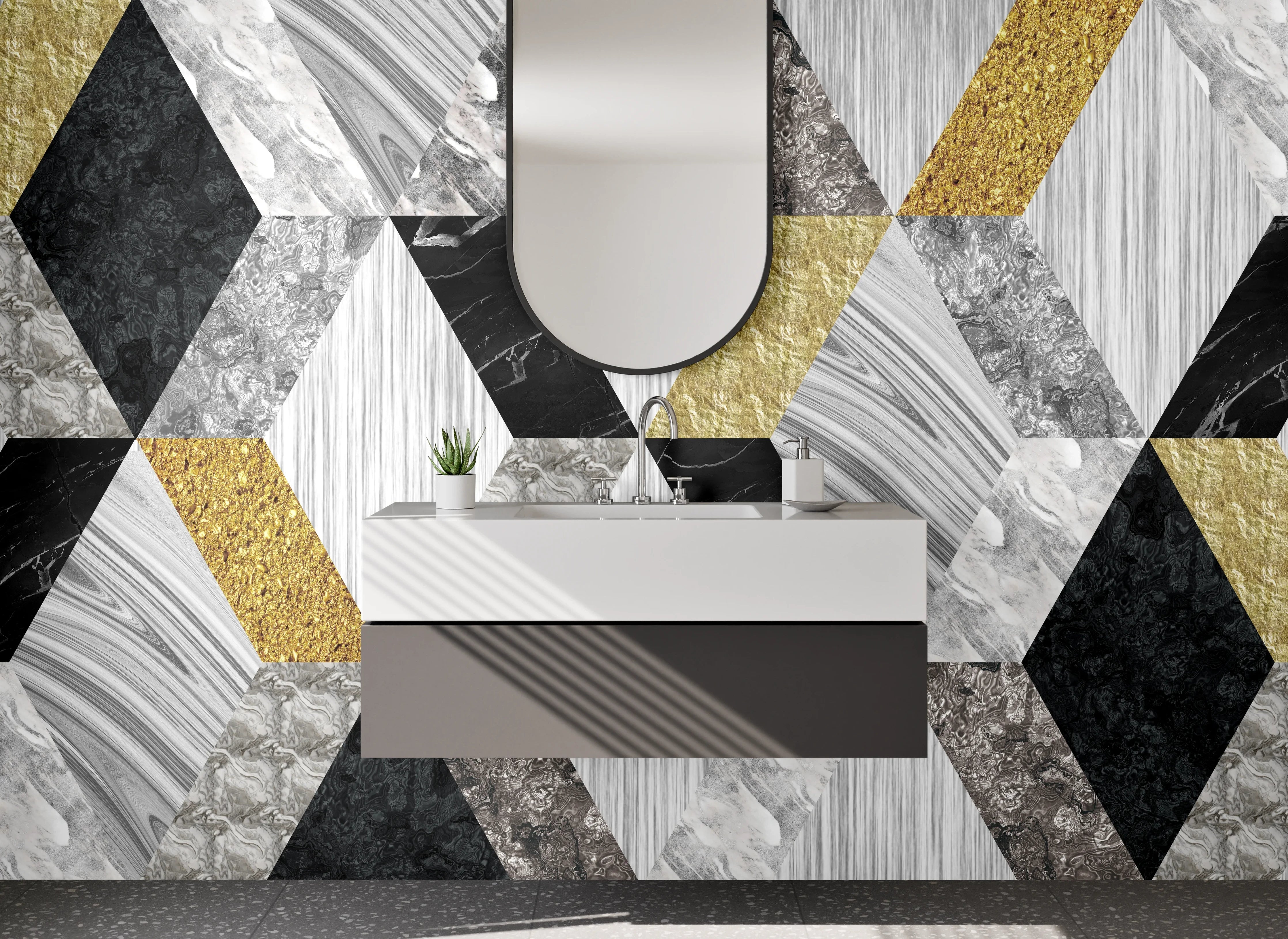 Waschbecken-Rückwand - Geometrisches Marmor-Mosaik in Gold-Optik