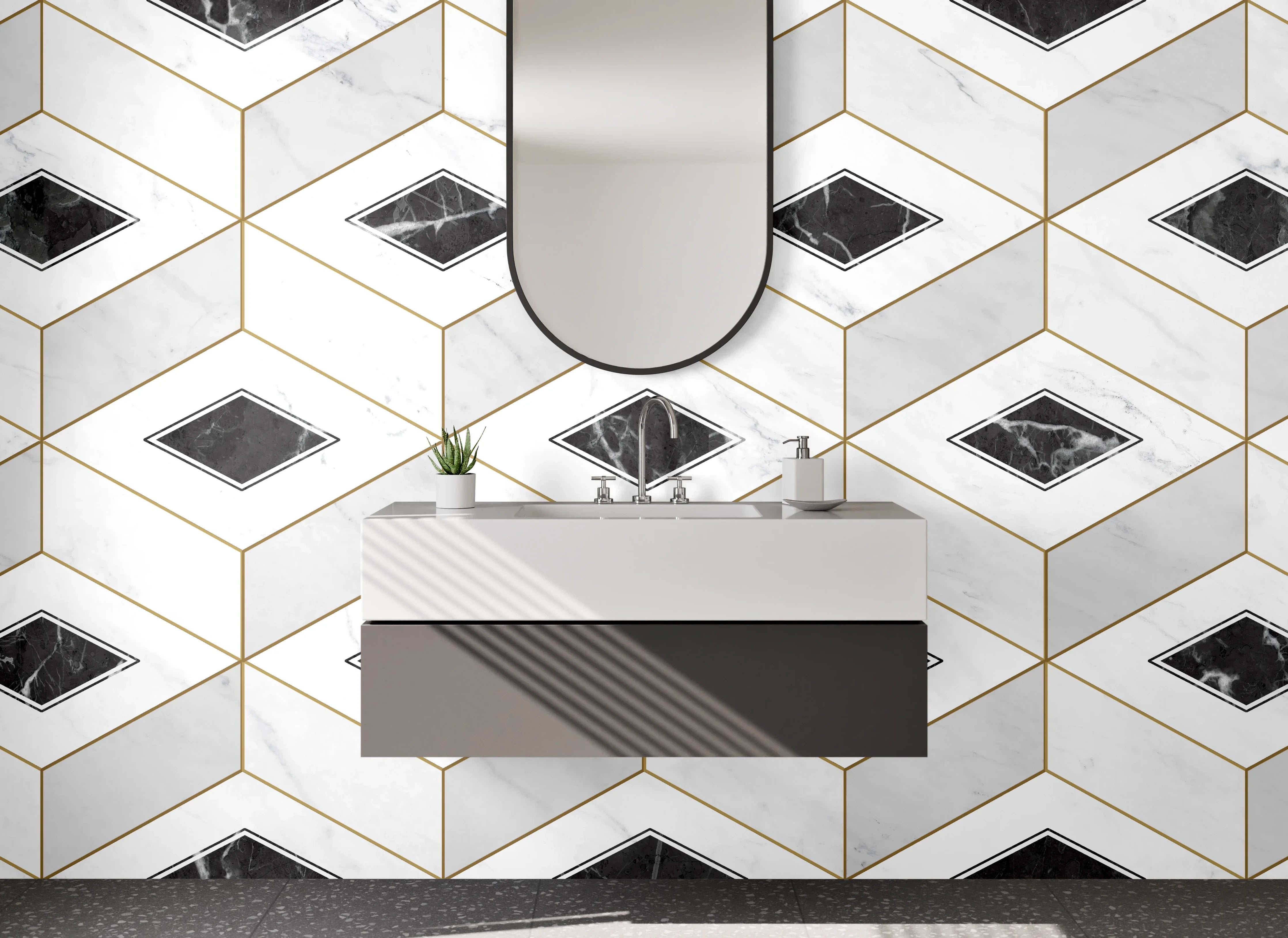 Waschbecken-Rückwand - Geometrisches Marmor-Mosaik in Weiß und Schwarz