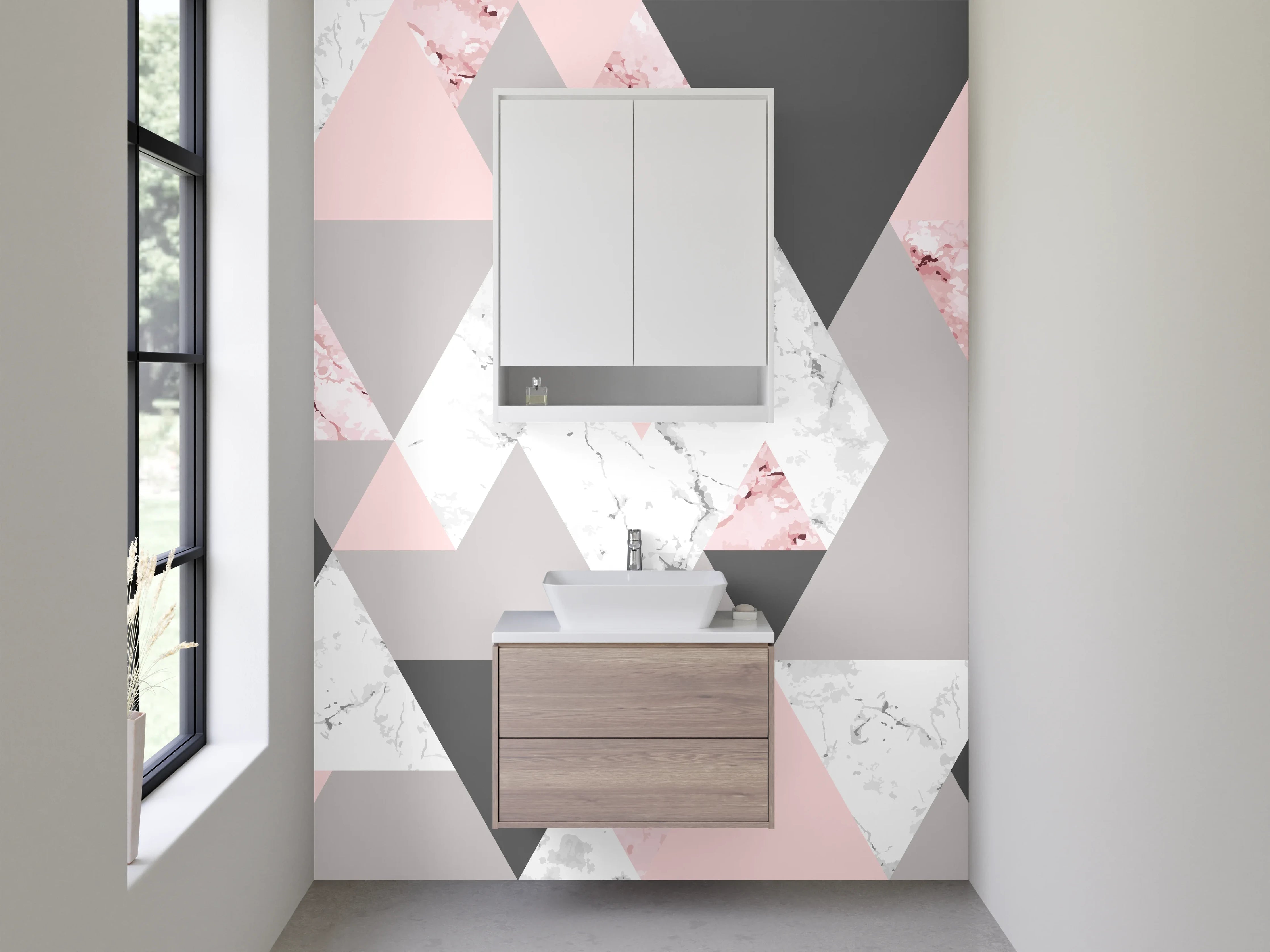 Waschbecken-Rückwand - Geometrisches Marmor Muster Rosa Grau Weiß