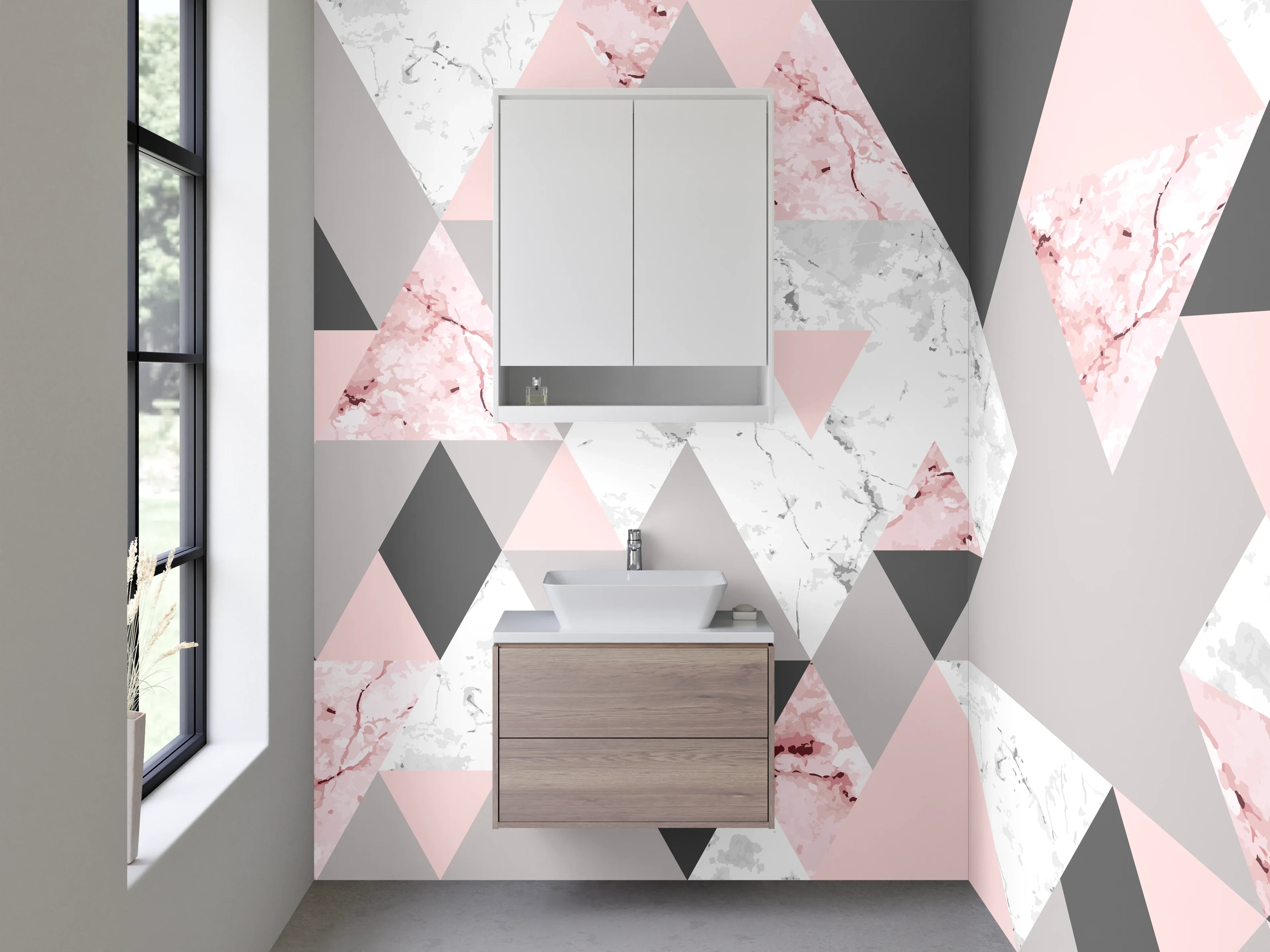Waschbecken-Rückwand - Geometrisches Marmor Muster Rosa Grau Weiß