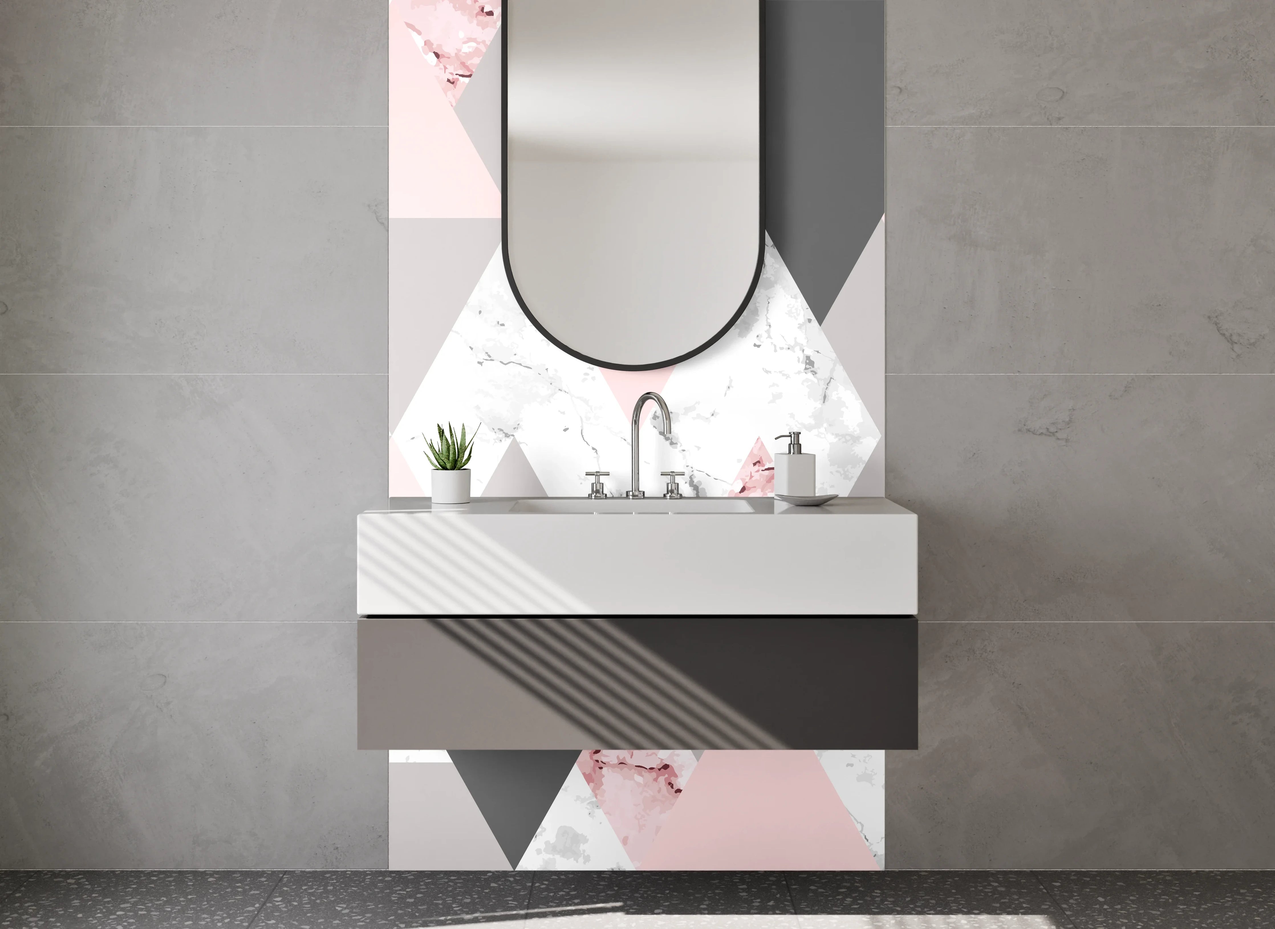 Waschbecken-Rückwand - Geometrisches Marmor Muster Rosa Grau Weiß
