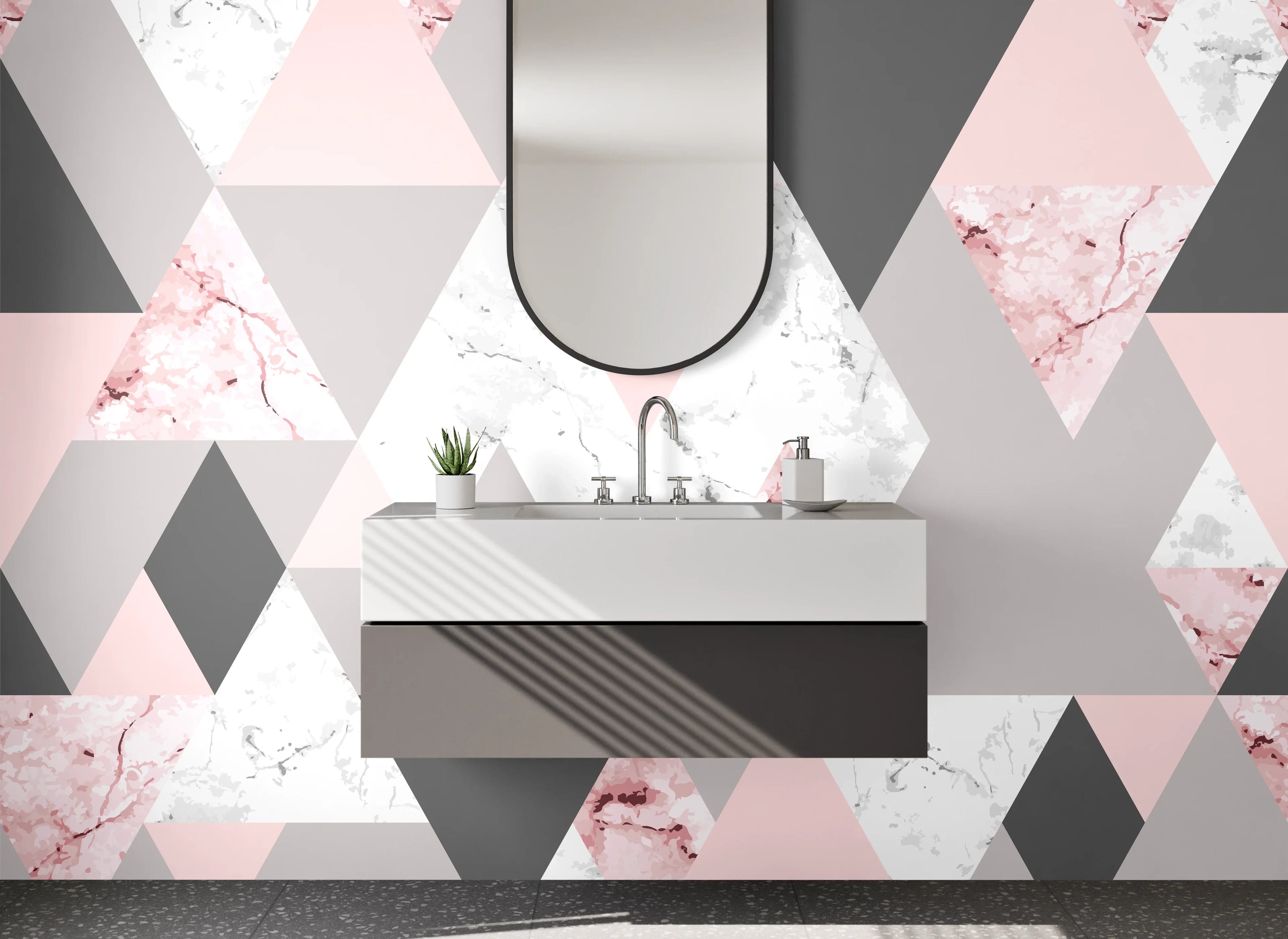 Waschbecken-Rückwand - Geometrisches Marmor Muster Rosa Grau Weiß