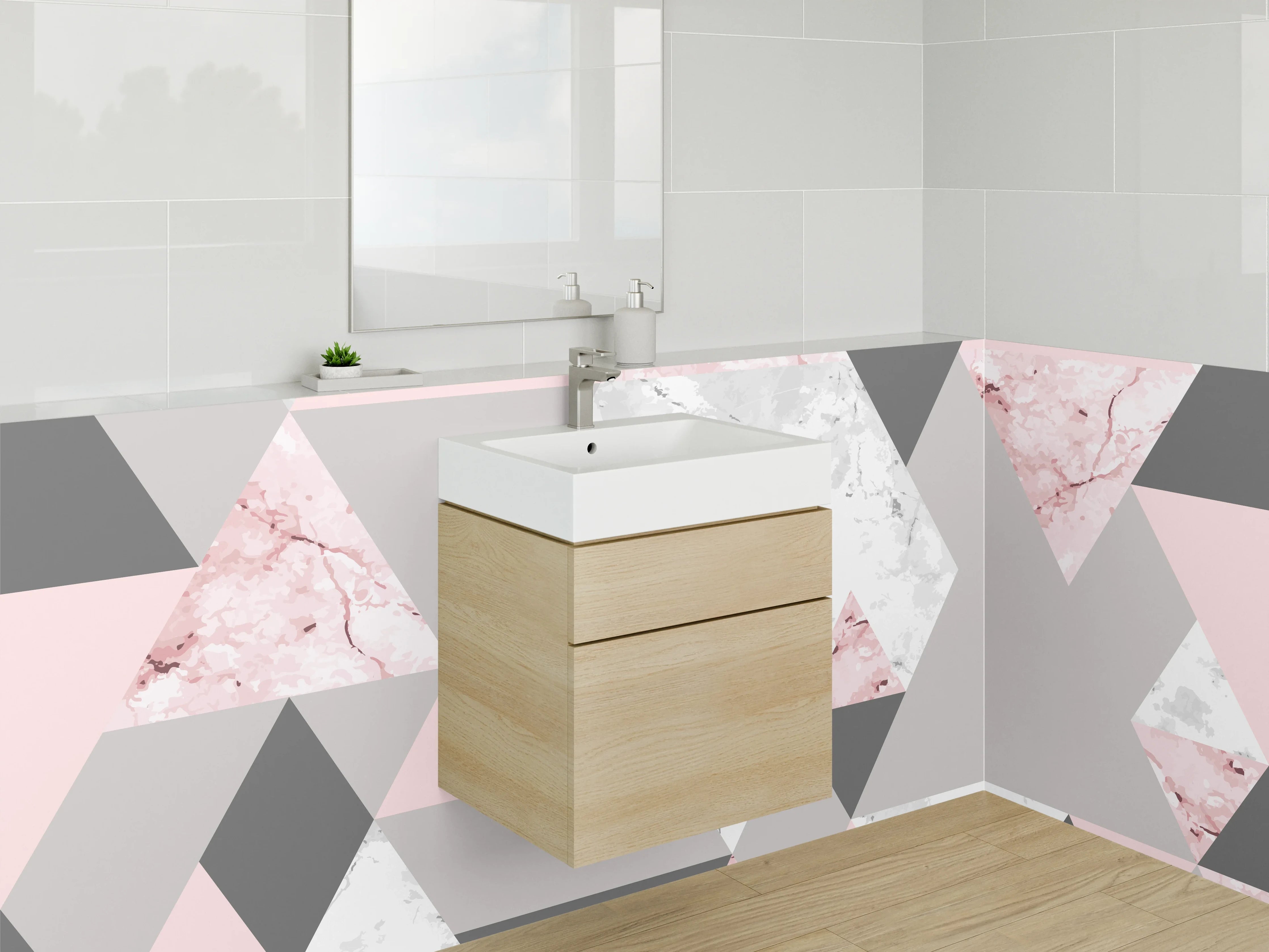 Waschbecken-Rückwand - Geometrisches Marmor Muster Rosa Grau Weiß