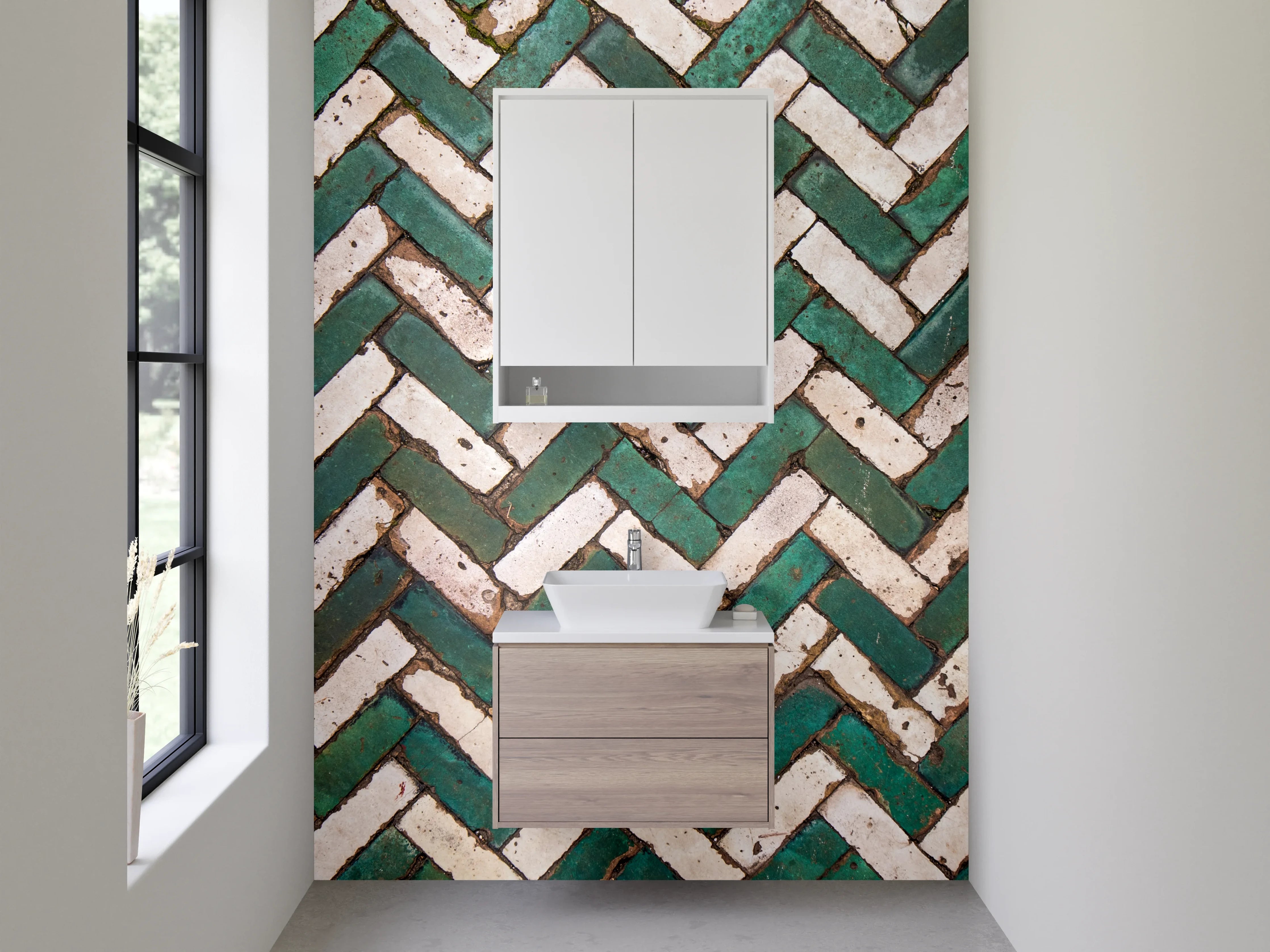 Waschbecken-Rückwand - Geometrisches Mosaik Grün-Weiß Fliesenmuster