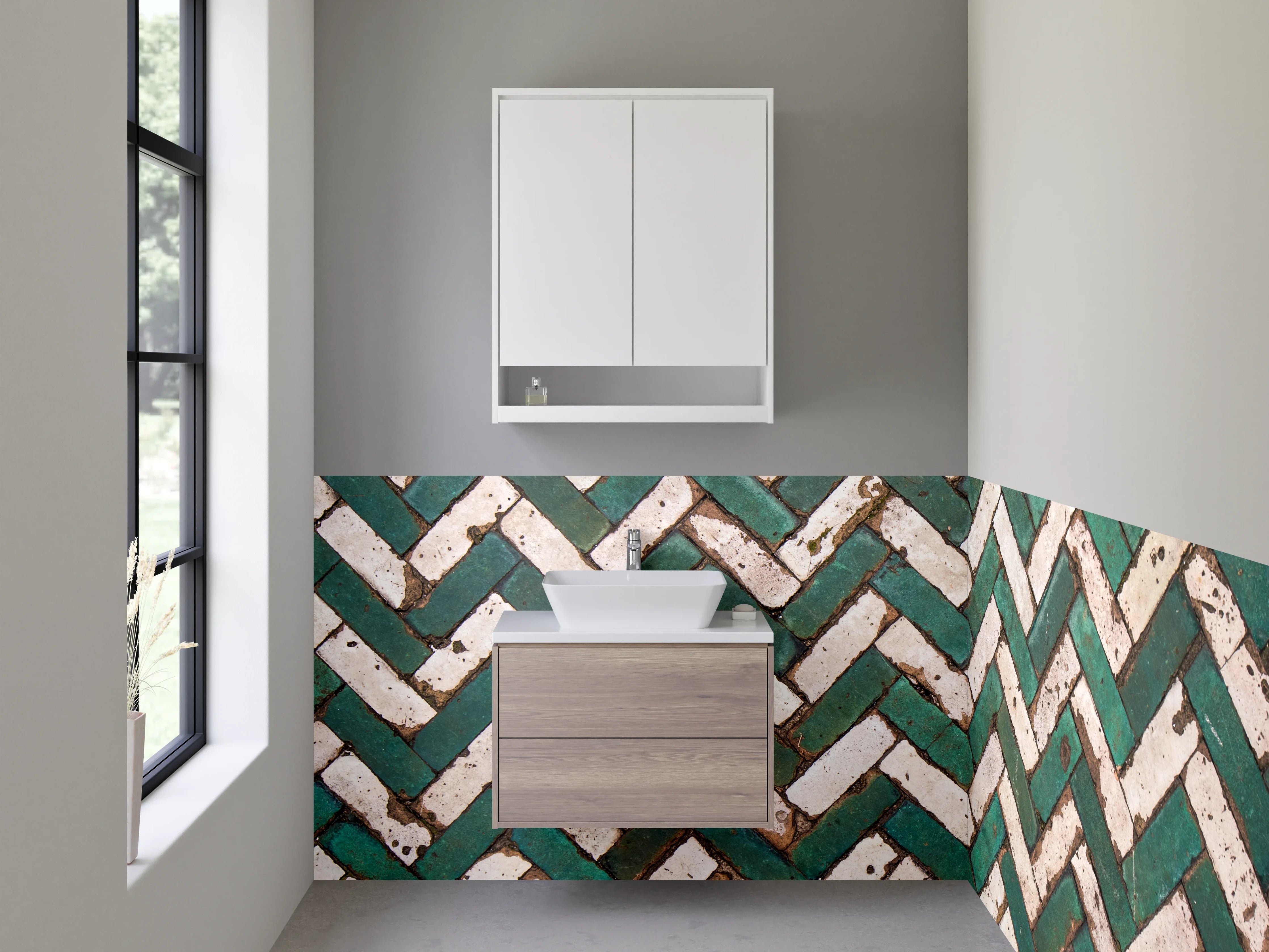 Waschbecken-Rückwand - Geometrisches Mosaik Grün-Weiß Fliesenmuster