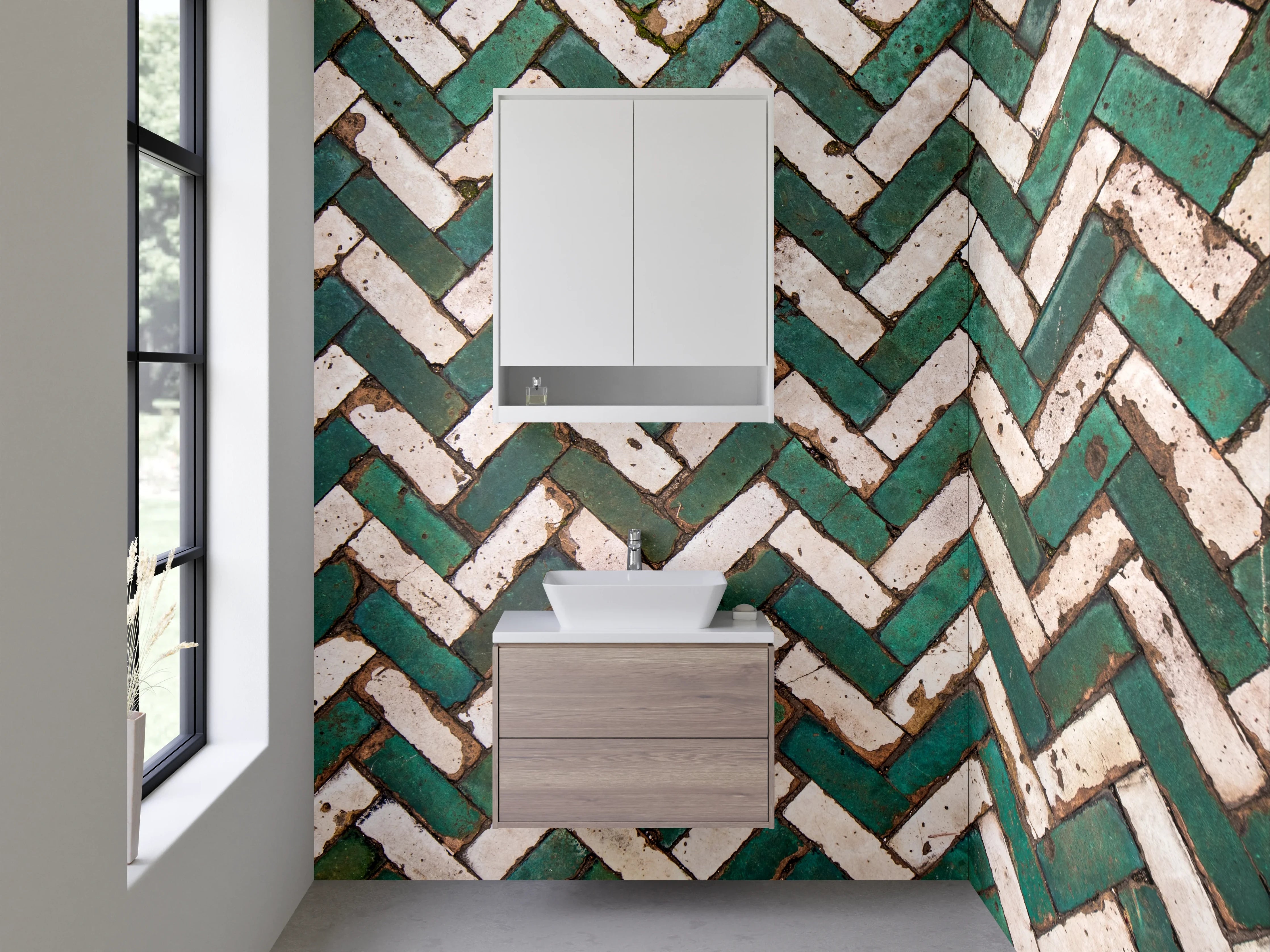 Waschbecken-Rückwand - Geometrisches Mosaik Grün-Weiß Fliesenmuster