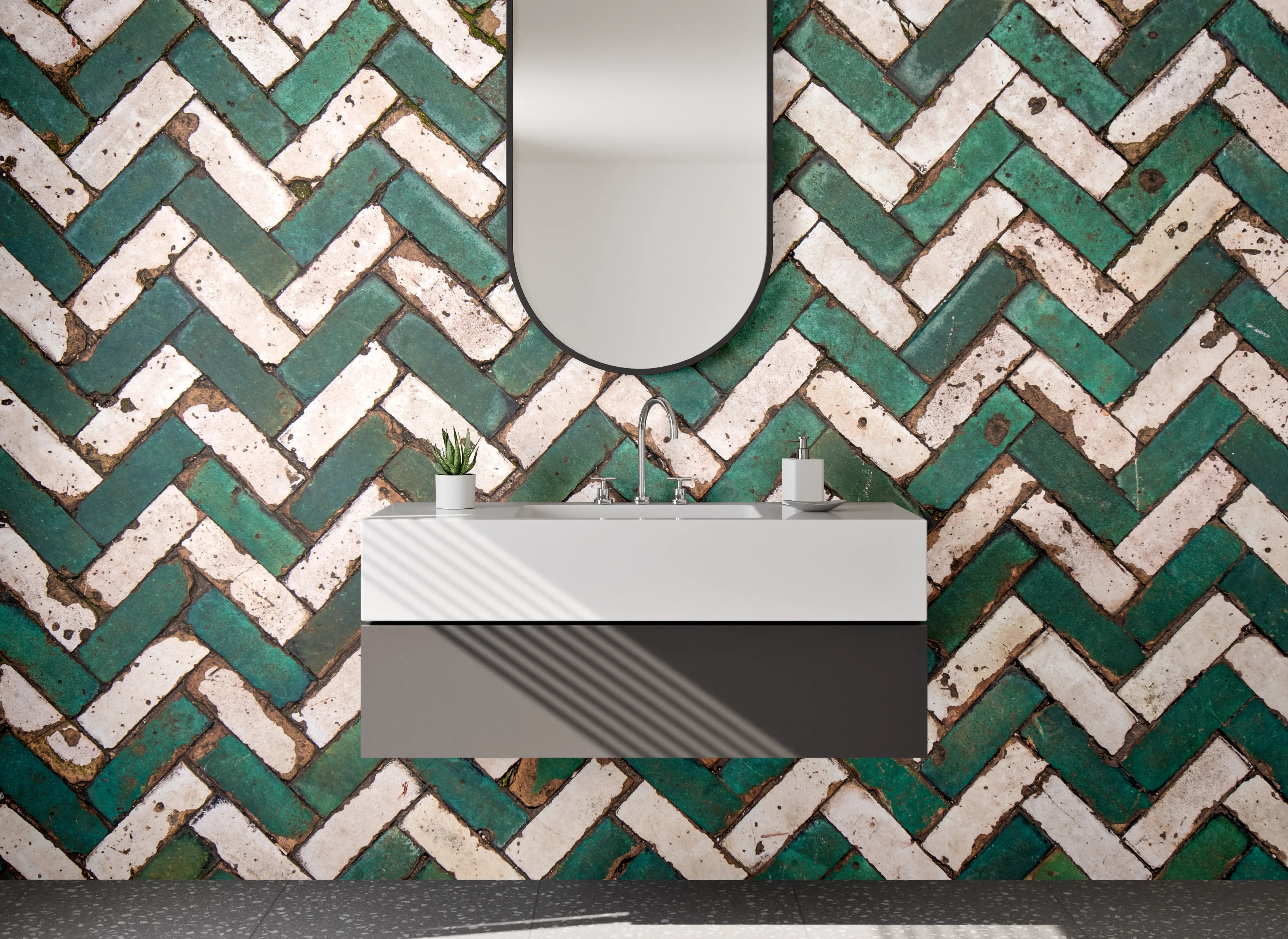 Waschbecken-Rückwand - Geometrisches Mosaik Grün-Weiß Fliesenmuster