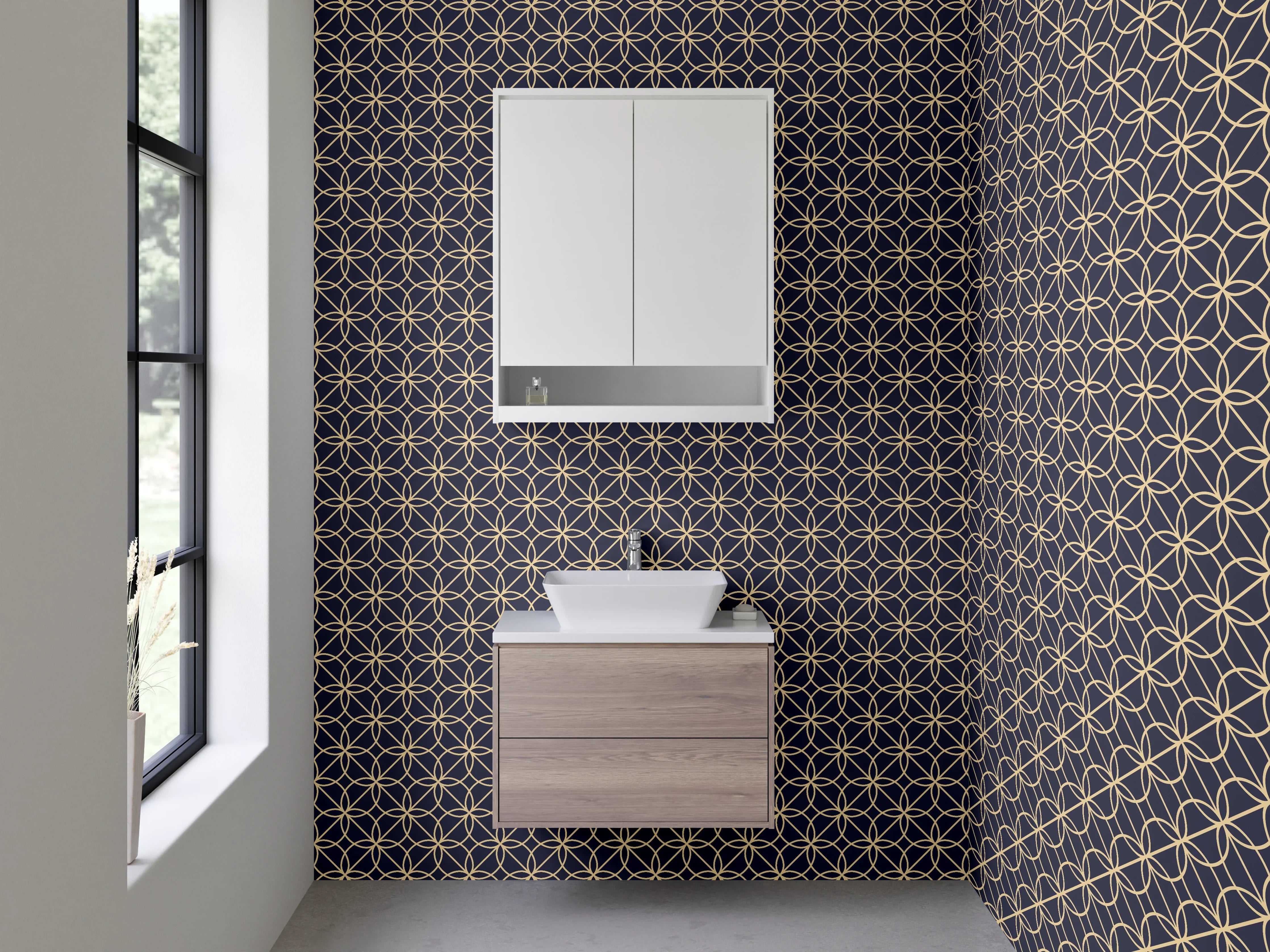 Waschbecken-Rückwand - Geometrisches Mosaik Muster Dunkelblau Gold
