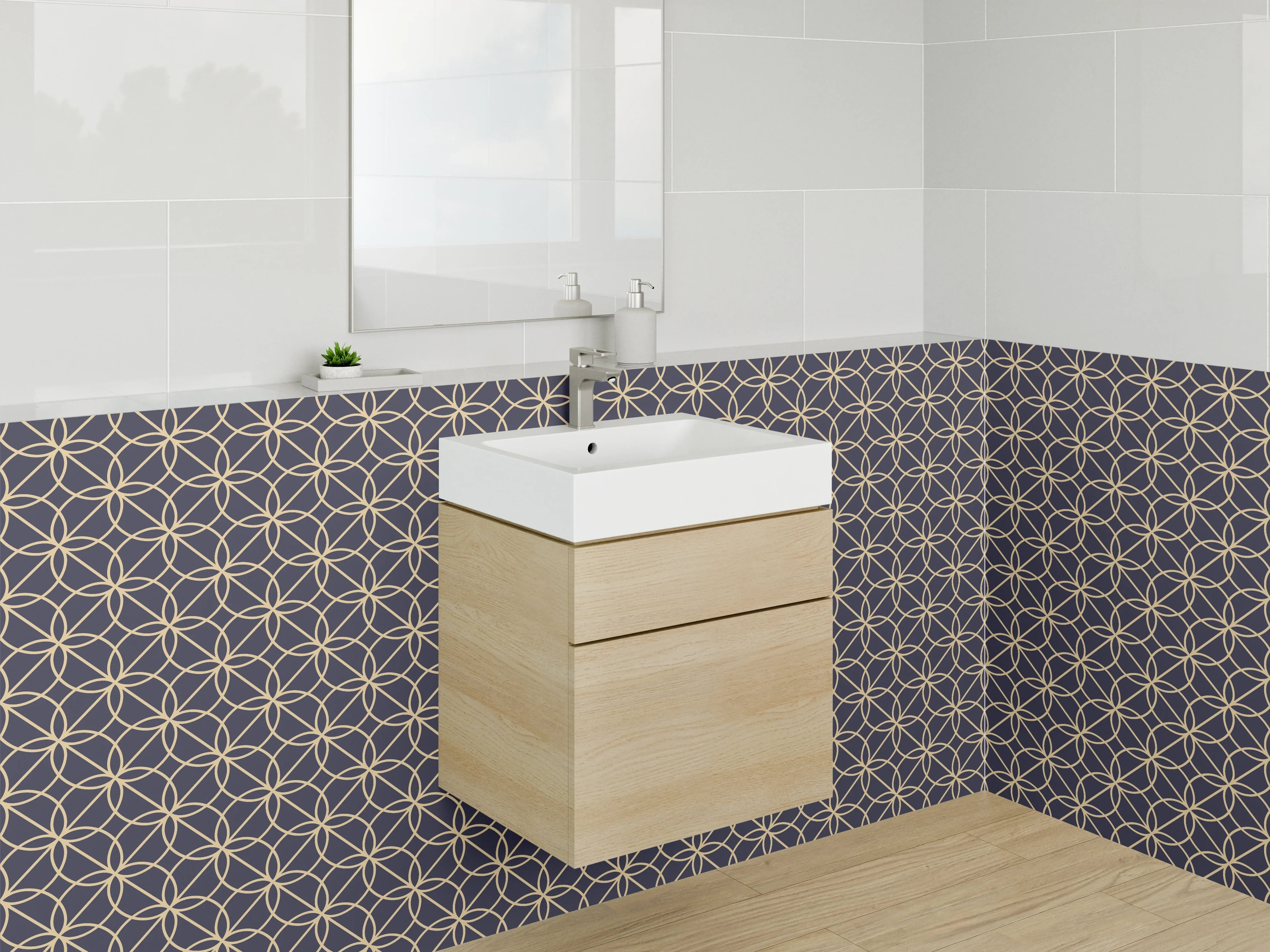 Waschbecken-Rückwand - Geometrisches Mosaik Muster Dunkelblau Gold