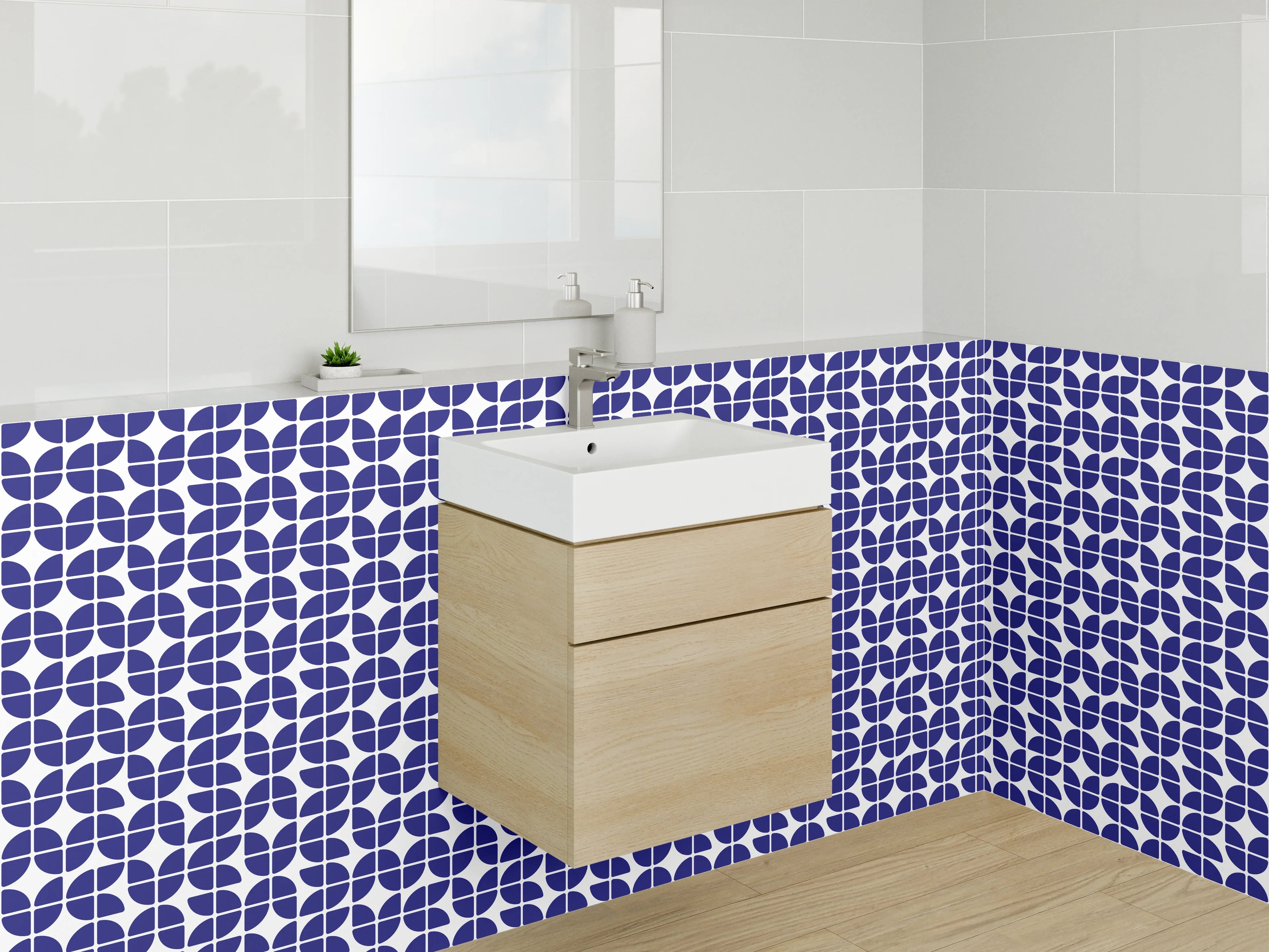 Waschbecken-Rückwand - Geometrisches Mosaikmuster Blau Weiß
