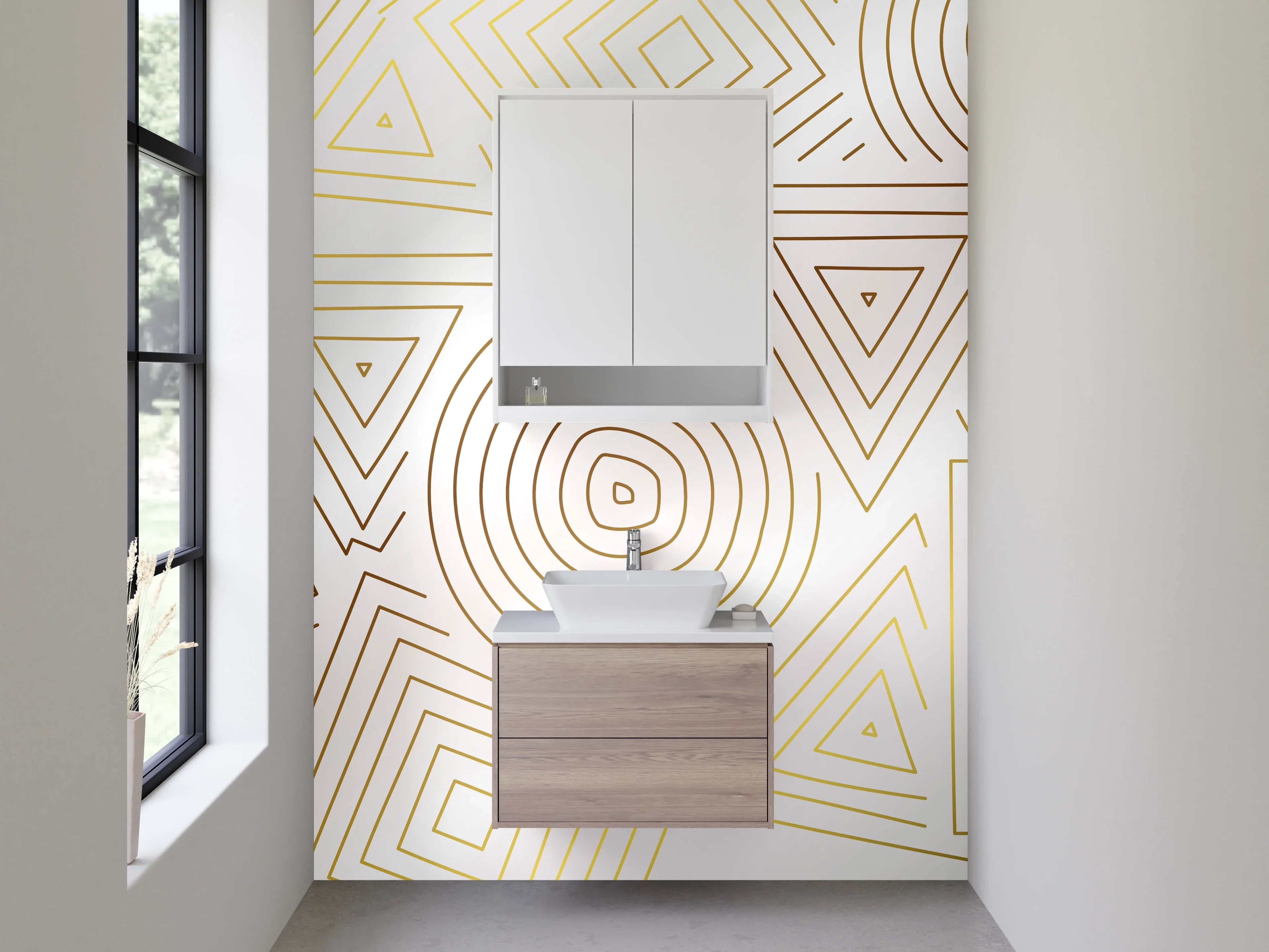 Waschbecken-Rückwand - Geometrisches Muster Gold Linien Weiß