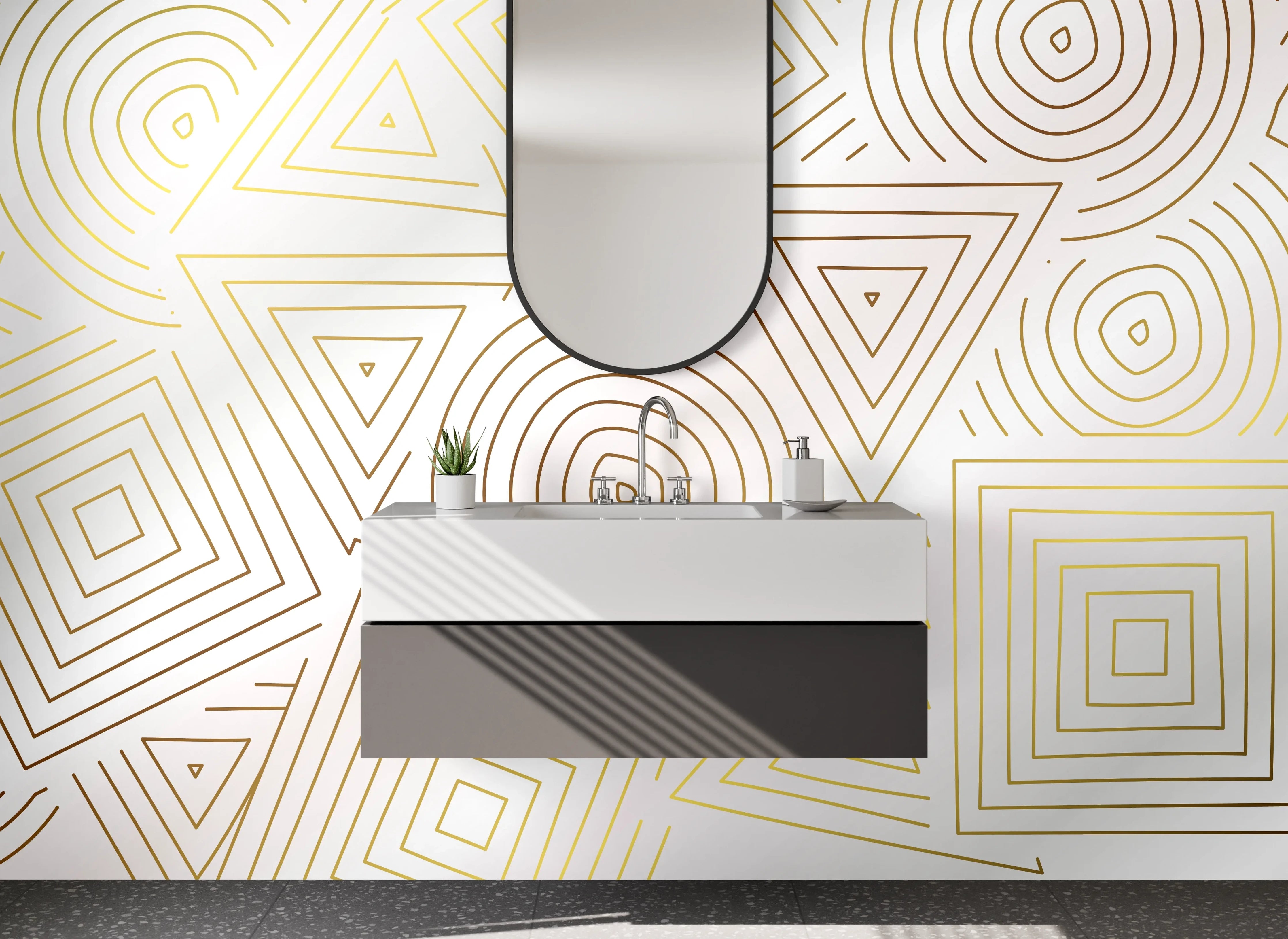 Waschbecken-Rückwand - Geometrisches Muster Gold Linien Weiß