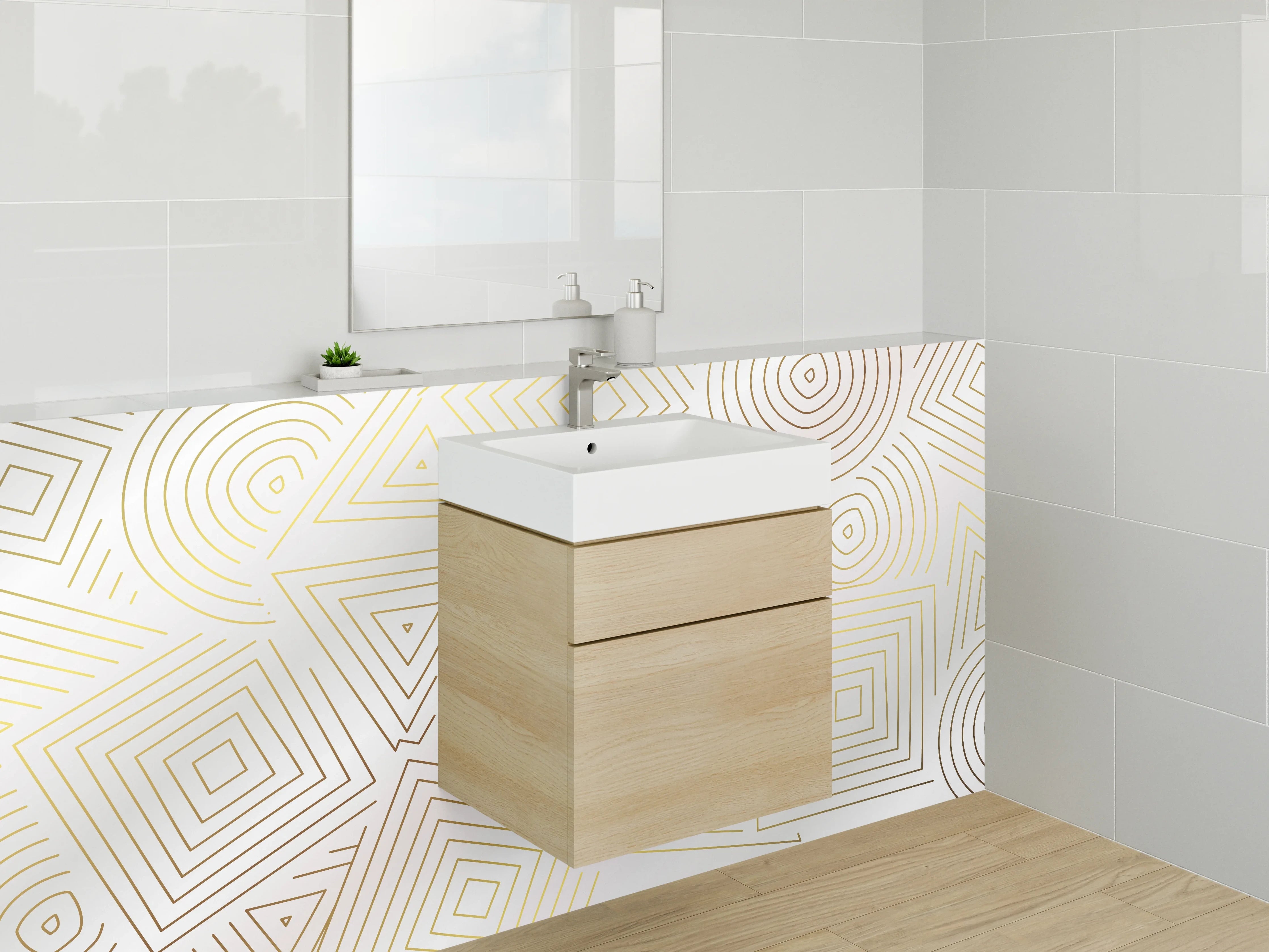 Waschbecken-Rückwand - Geometrisches Muster Gold Linien Weiß