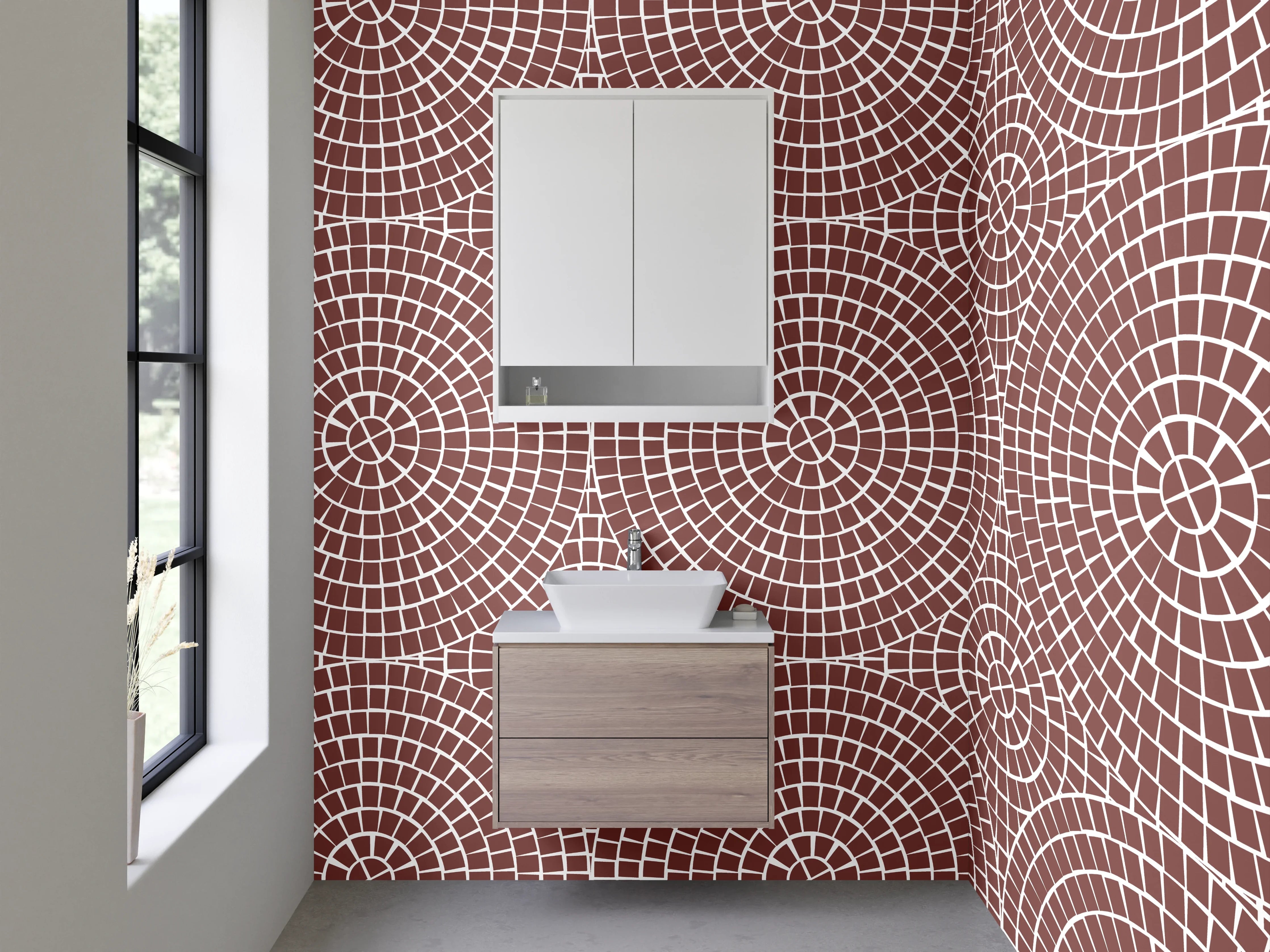 Waschbecken-Rückwand - Geometrisches Muster Kreise Braun Weiß