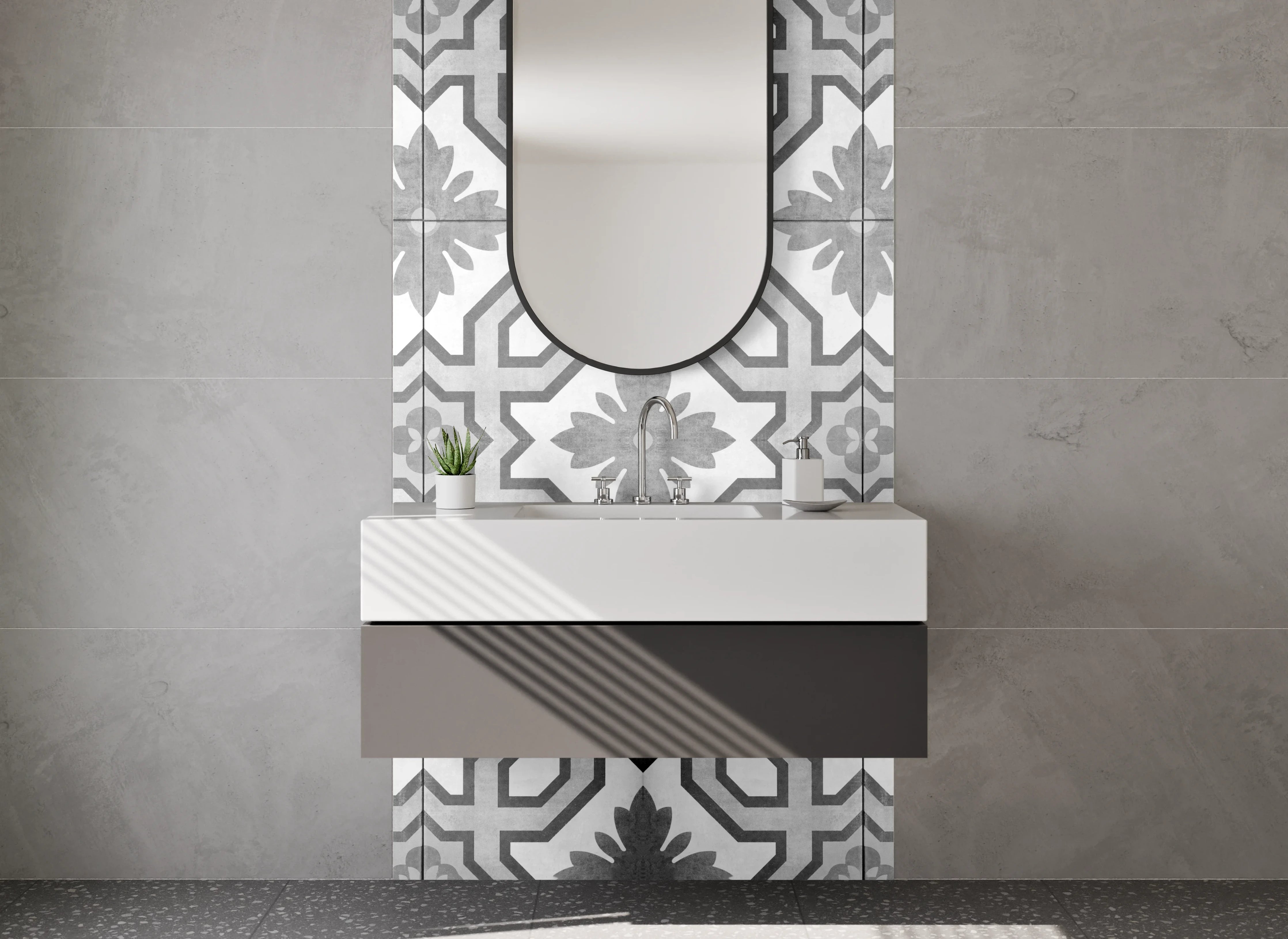 Waschbecken-Rückwand - Geometrisches Muster Schwarz-Weiß Fliese