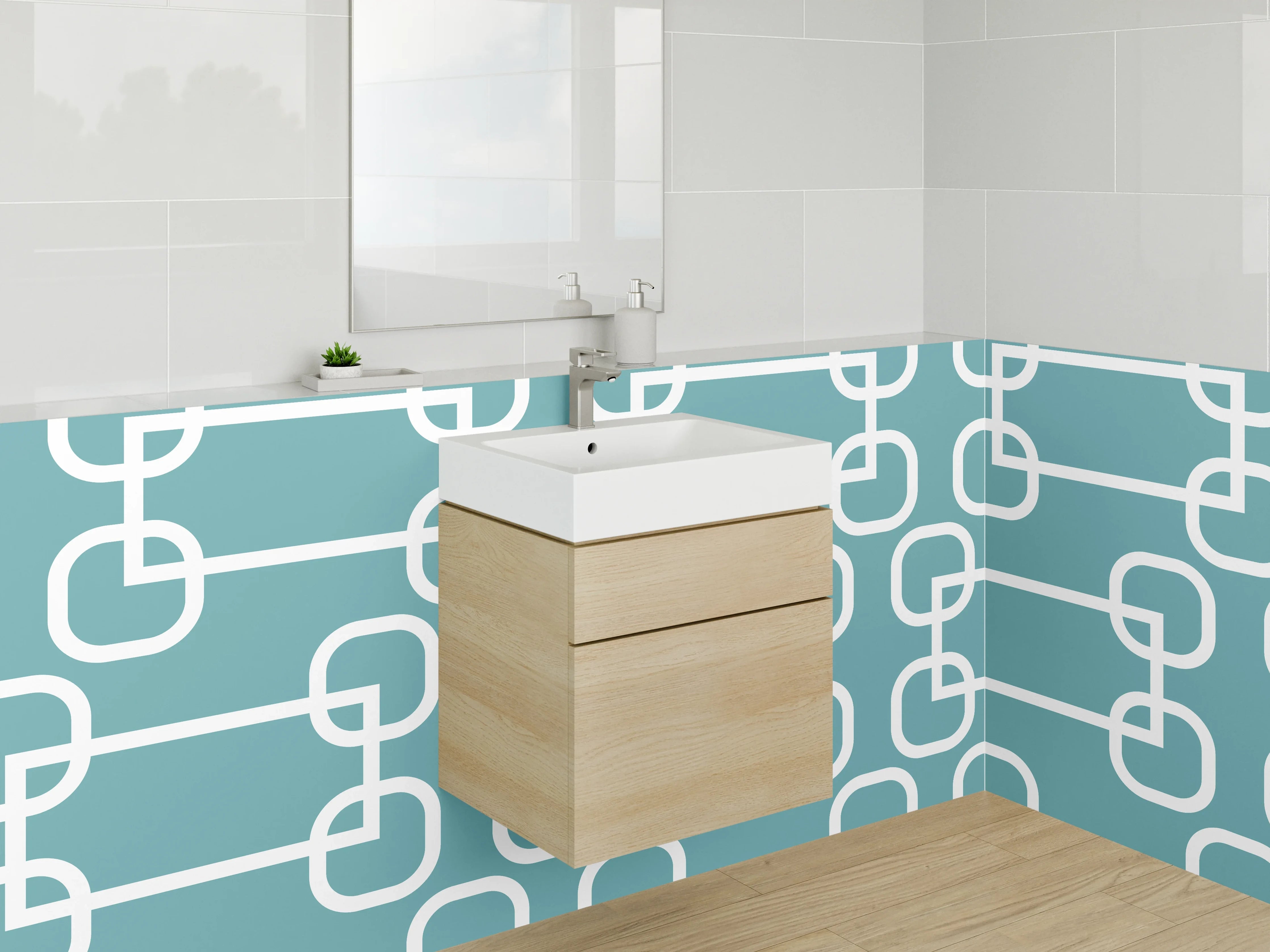 Waschbecken-Rückwand - Geometrisches Muster Türkis Weiß Modern