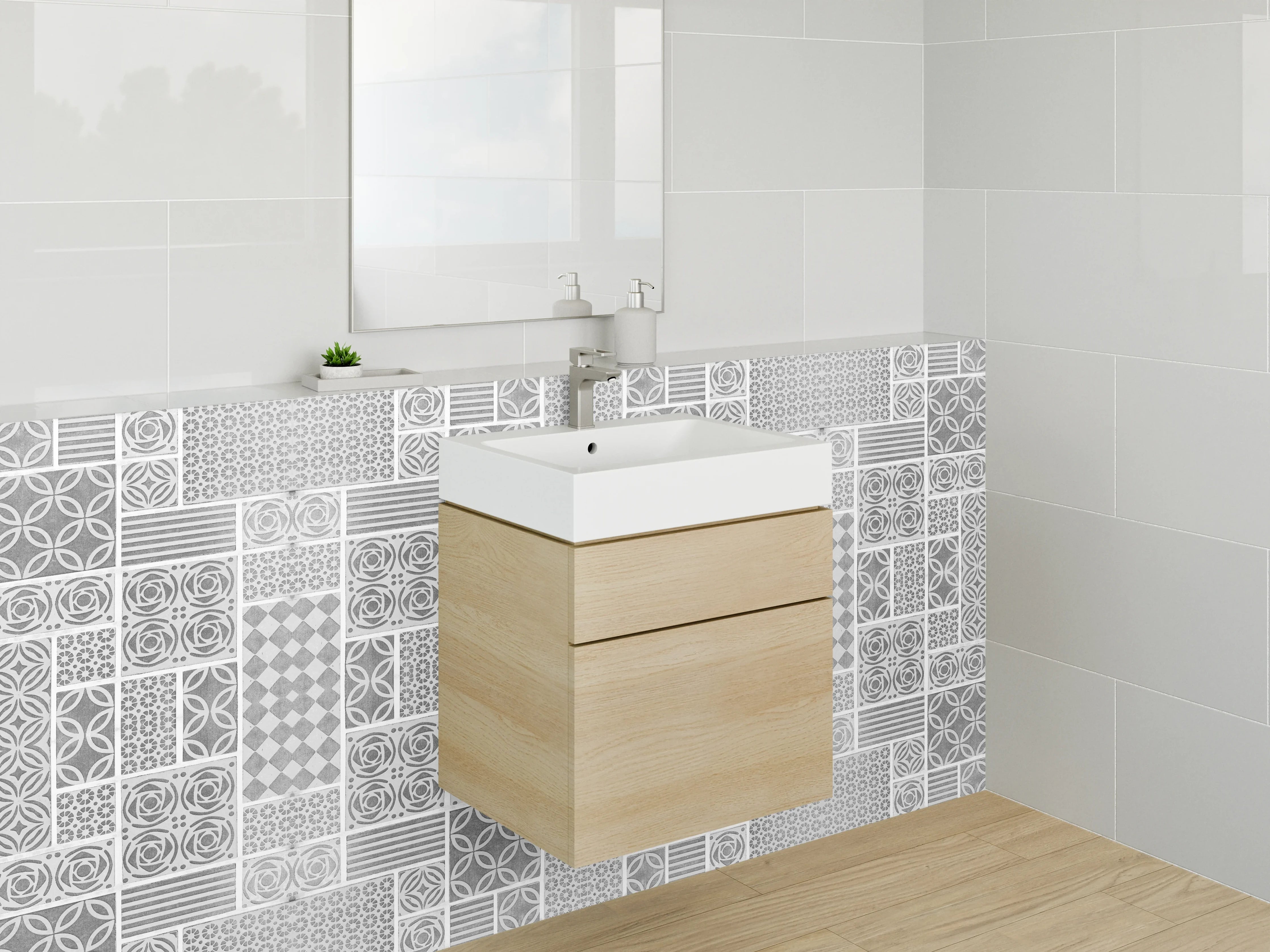 Waschbecken-Rückwand - Geometrisches Muster Weiß Grau Modern