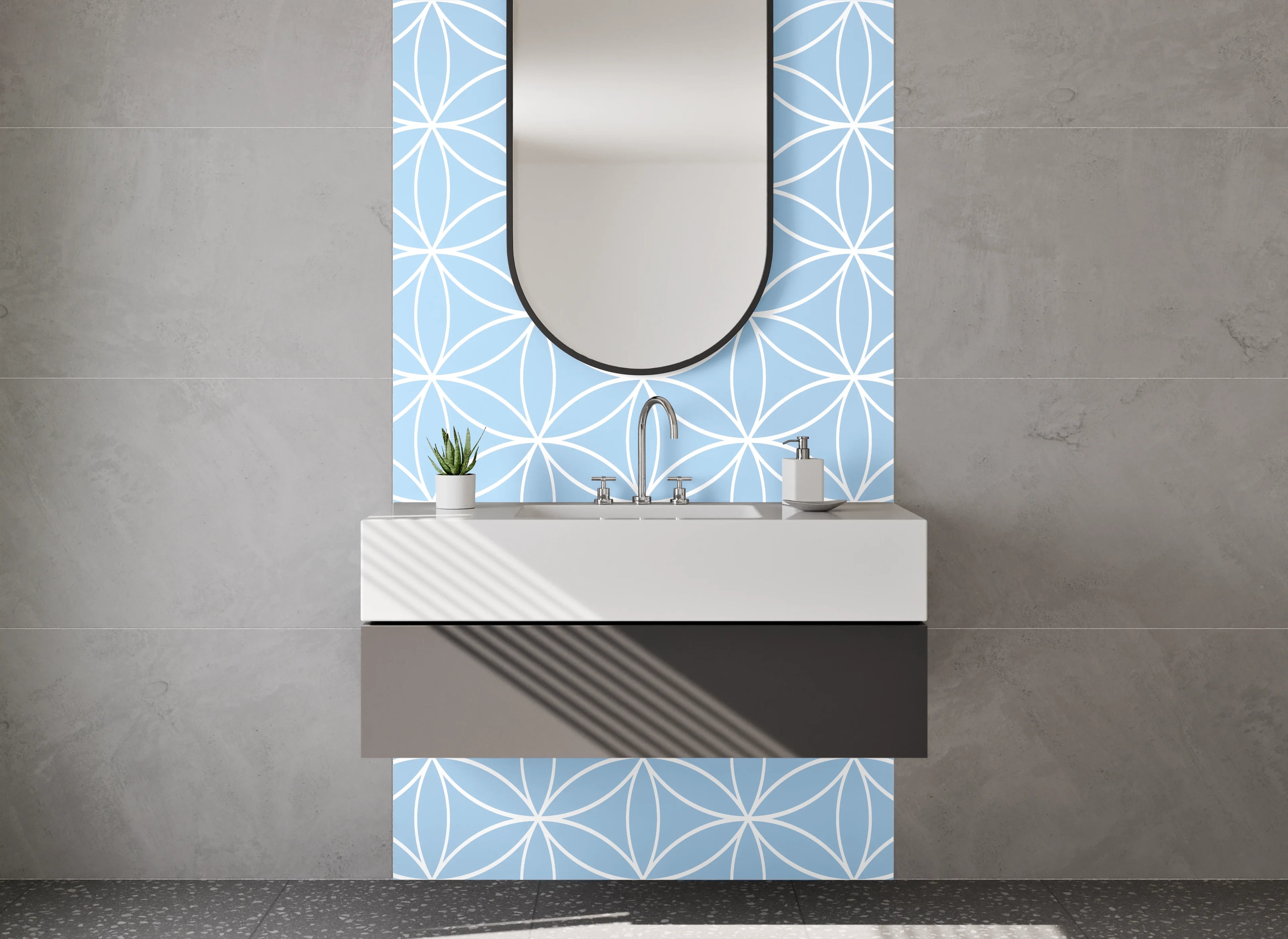 Waschbecken-Rückwand - Geometrisches Muster hellblau weiß