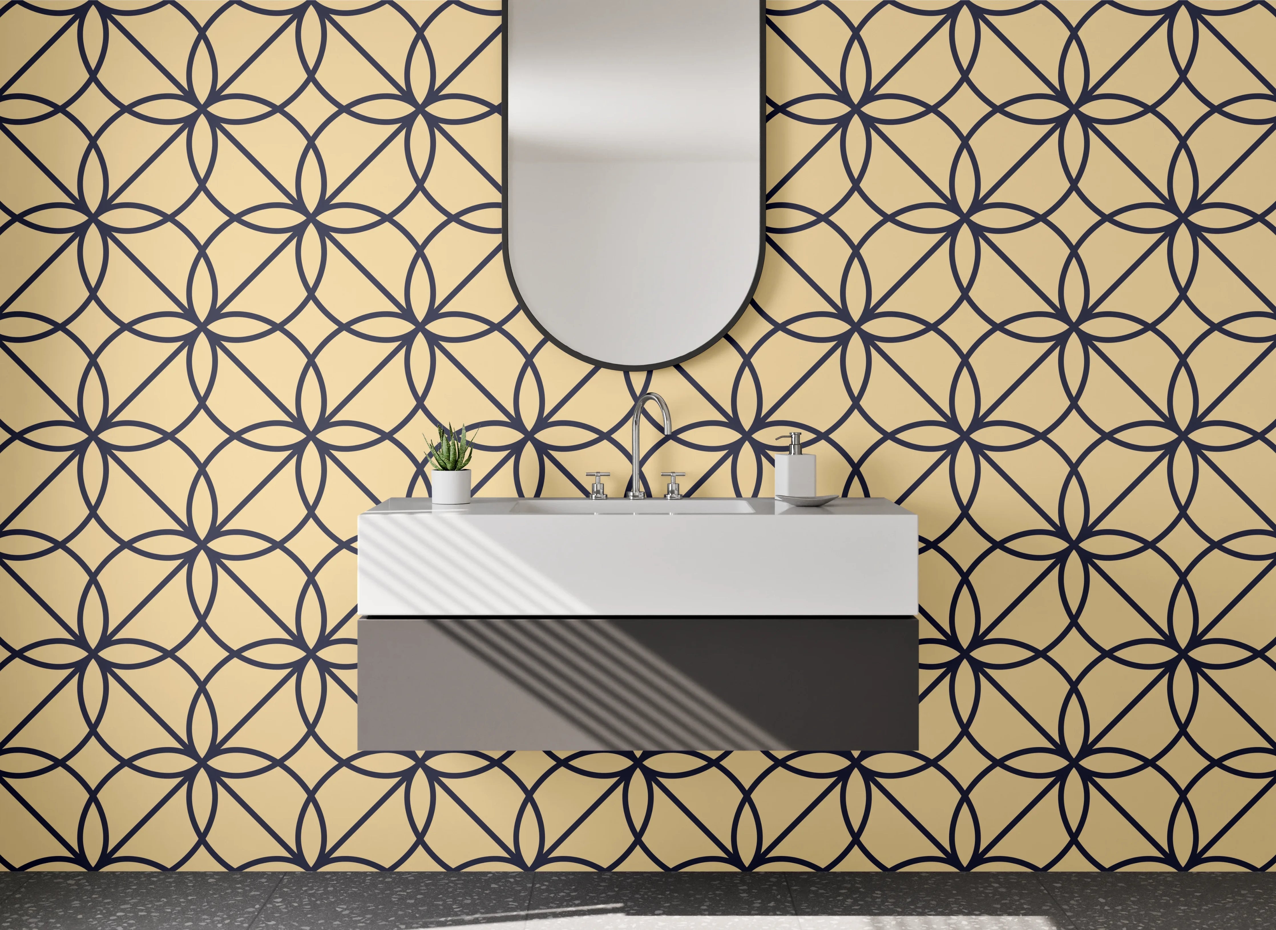 Waschbecken-Rückwand - Geometrisches Muster in Beige und Schwarz
