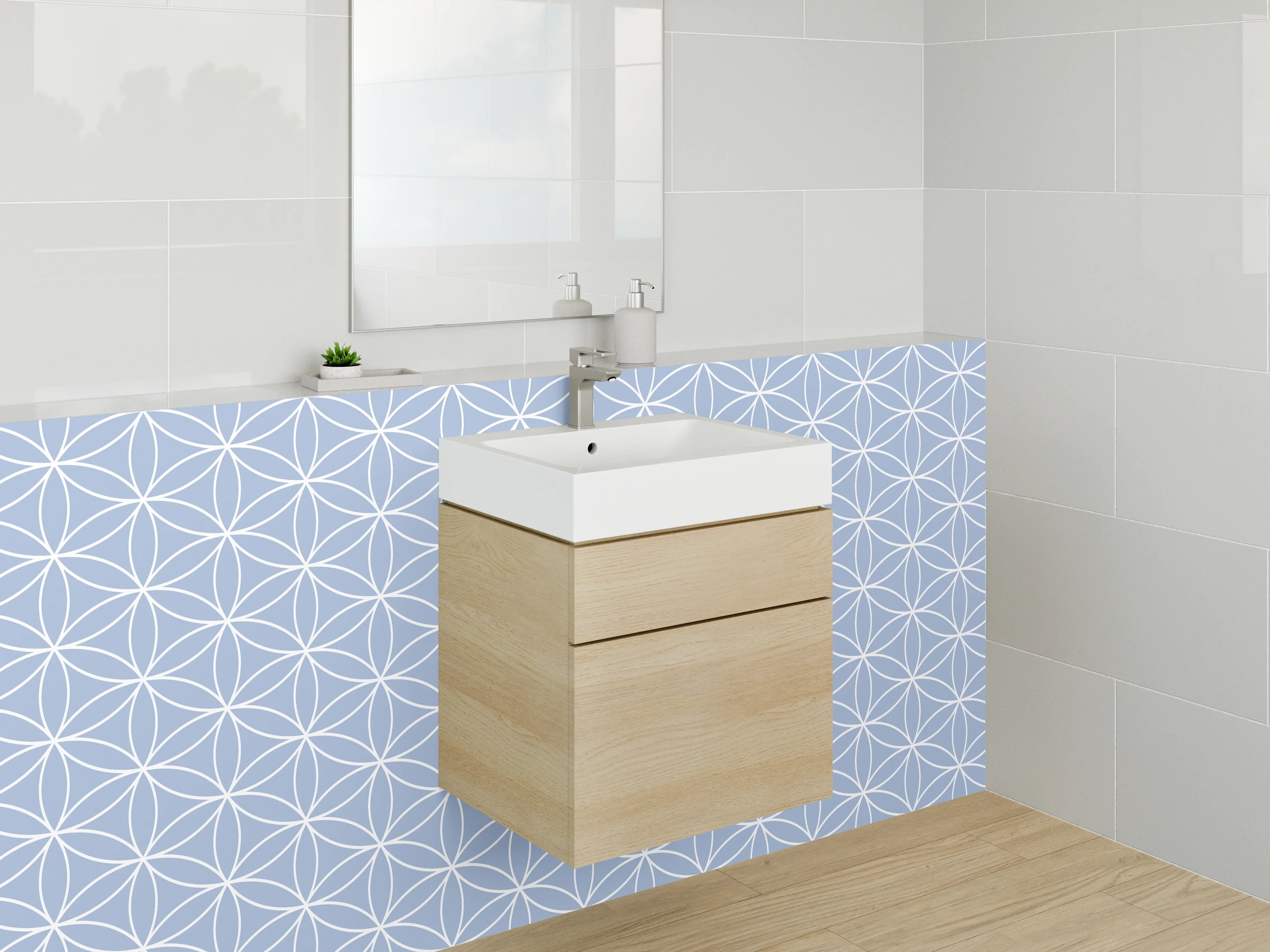 Waschbecken-Rückwand - Geometrisches Muster in Blau Weiß