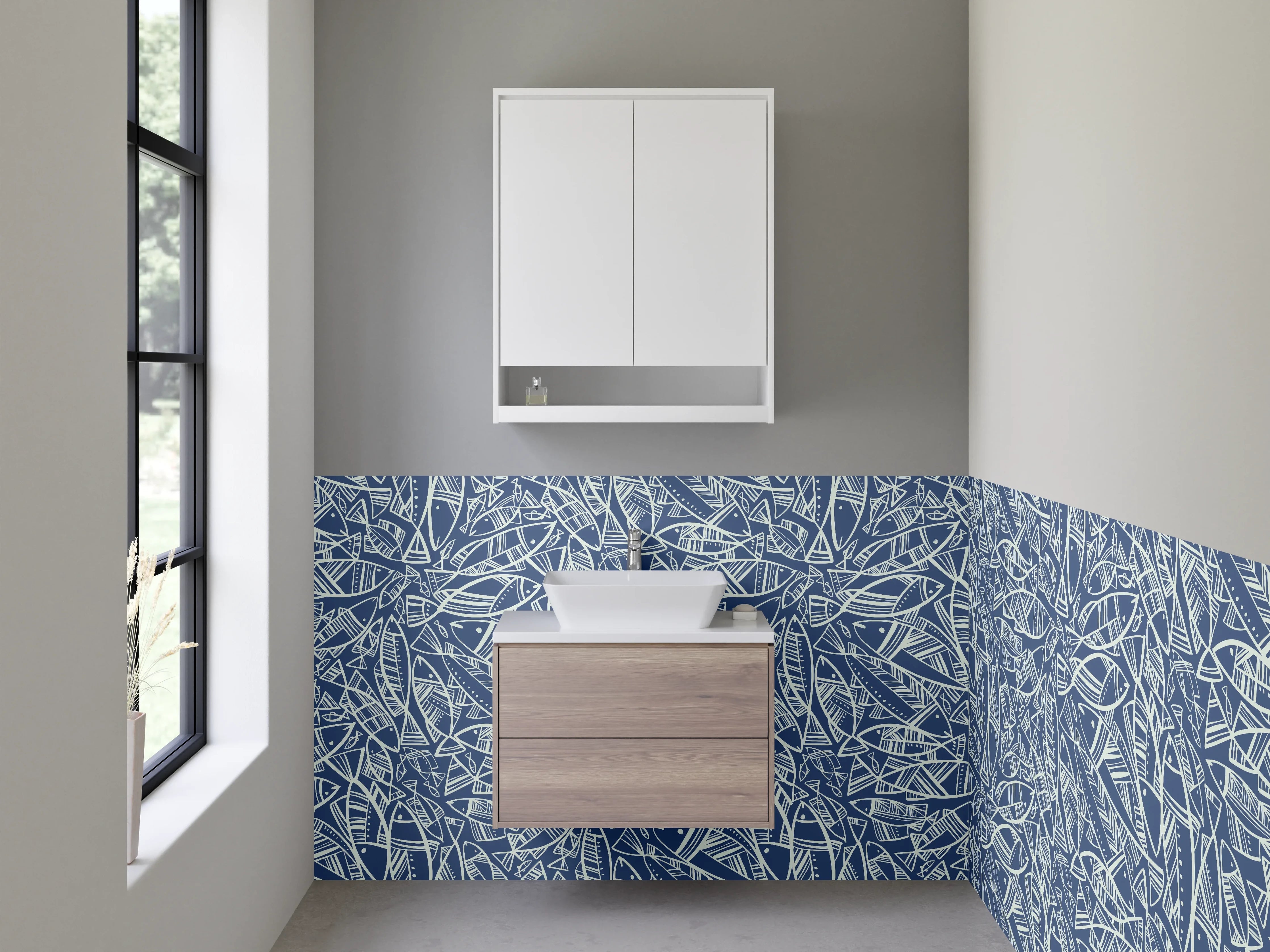 Waschbecken-Rückwand - Geometrisches Muster in Blau und Weiß