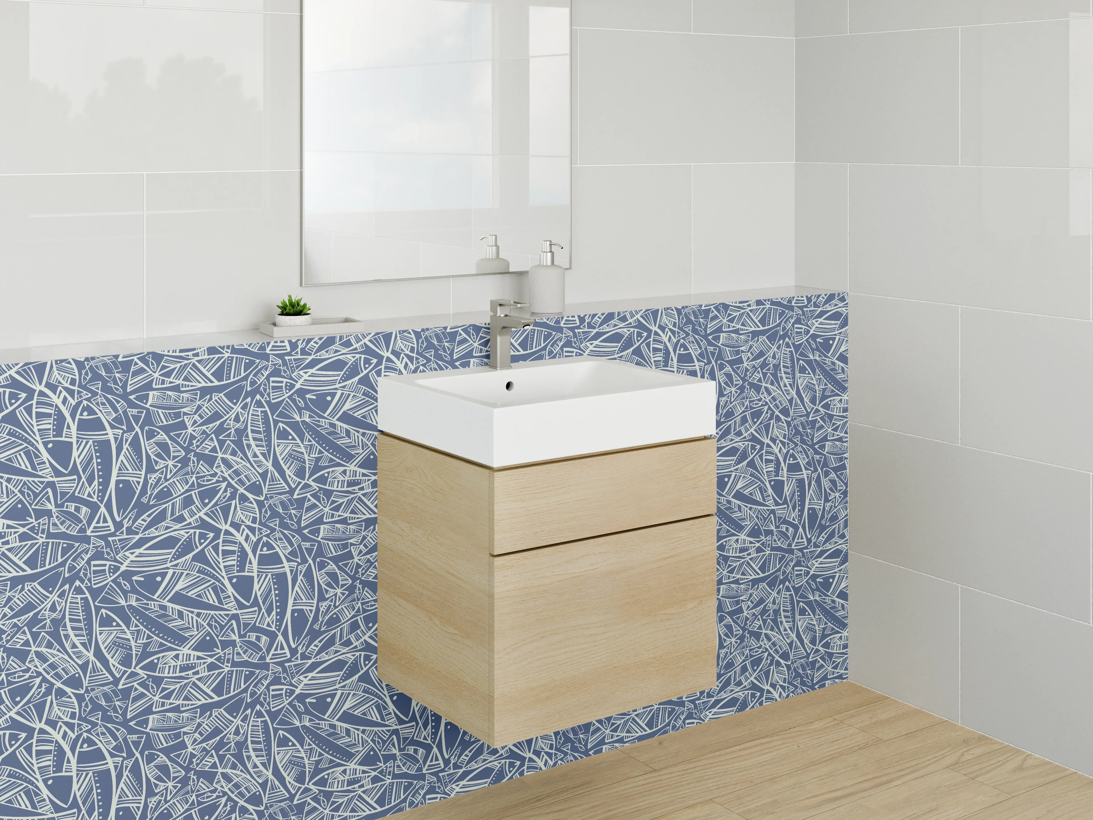 Waschbecken-Rückwand - Geometrisches Muster in Blau und Weiß