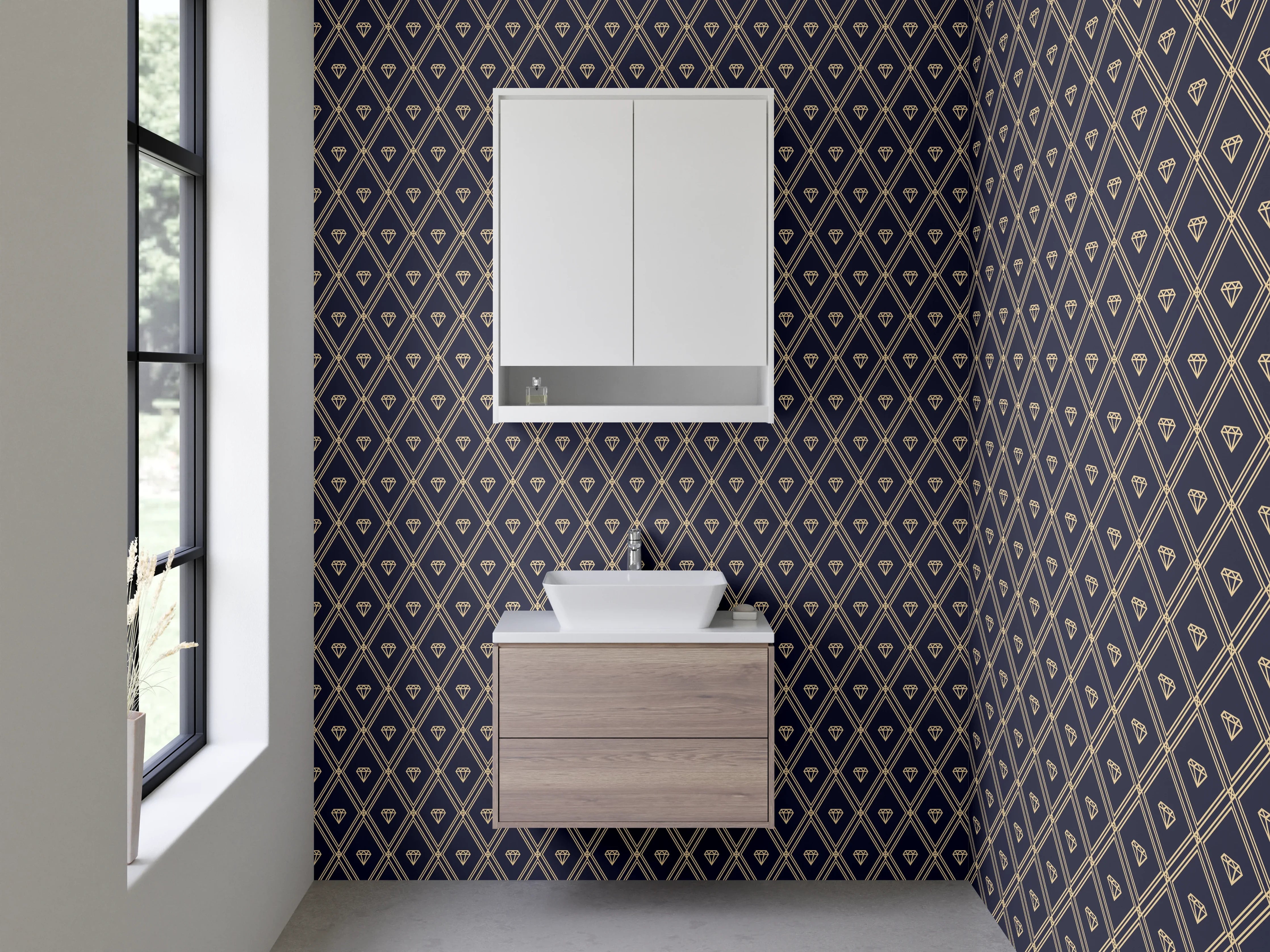 Waschbecken-Rückwand - Geometrisches Rautenmuster Dunkelblau Beige