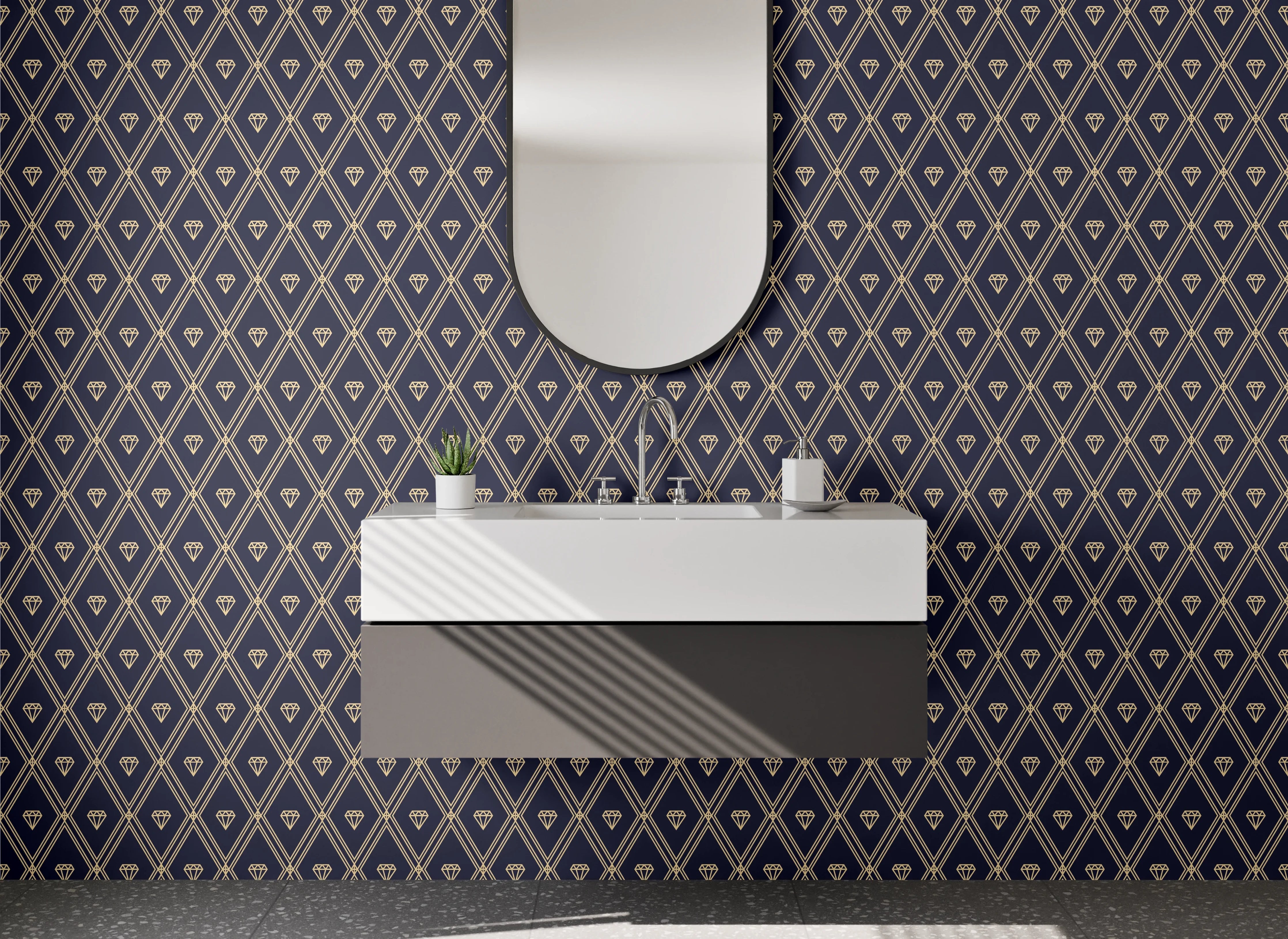 Waschbecken-Rückwand - Geometrisches Rautenmuster Dunkelblau Beige