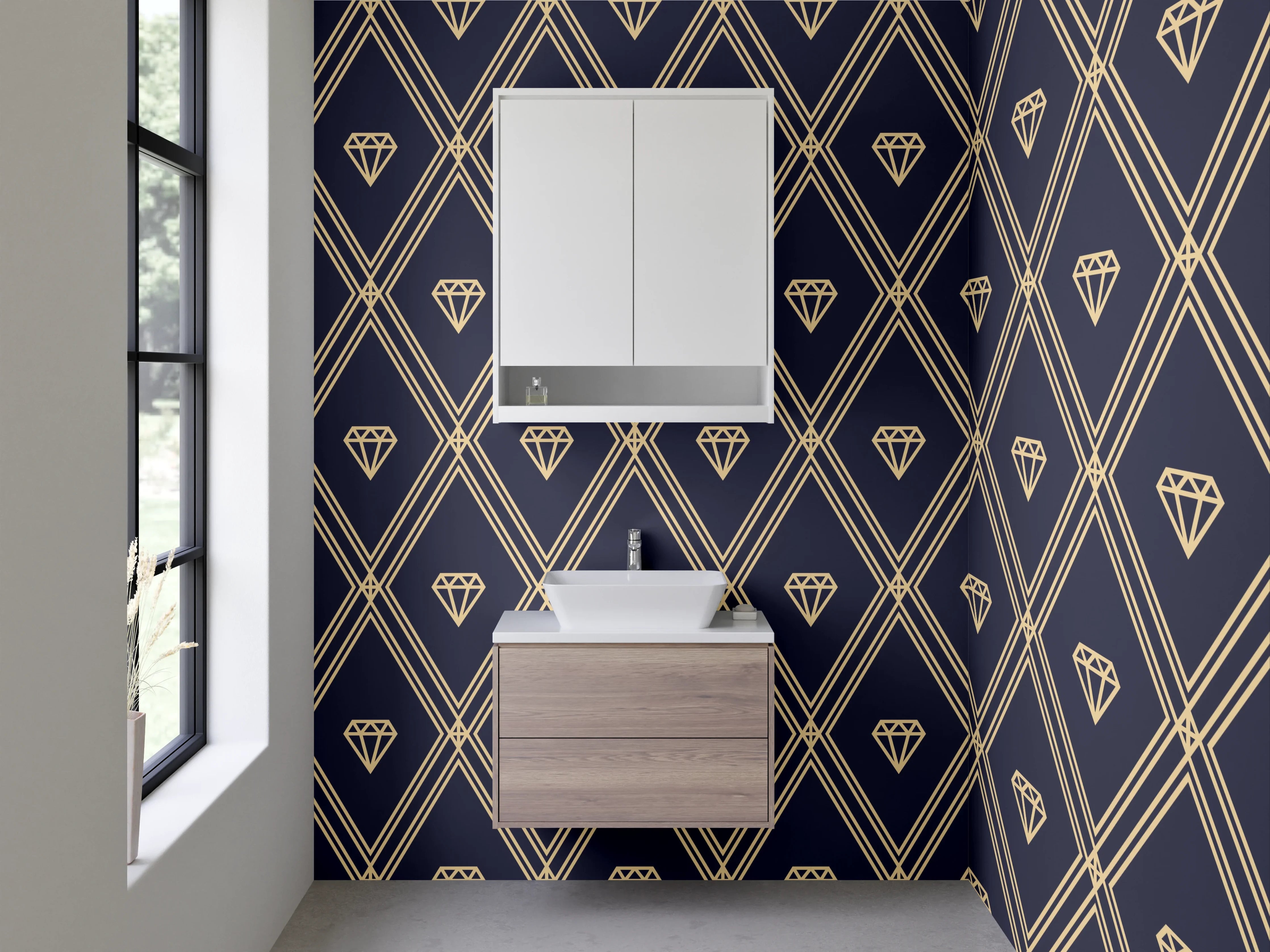 Waschbecken-Rückwand - Geometrisches Rautenmuster Modern Navy