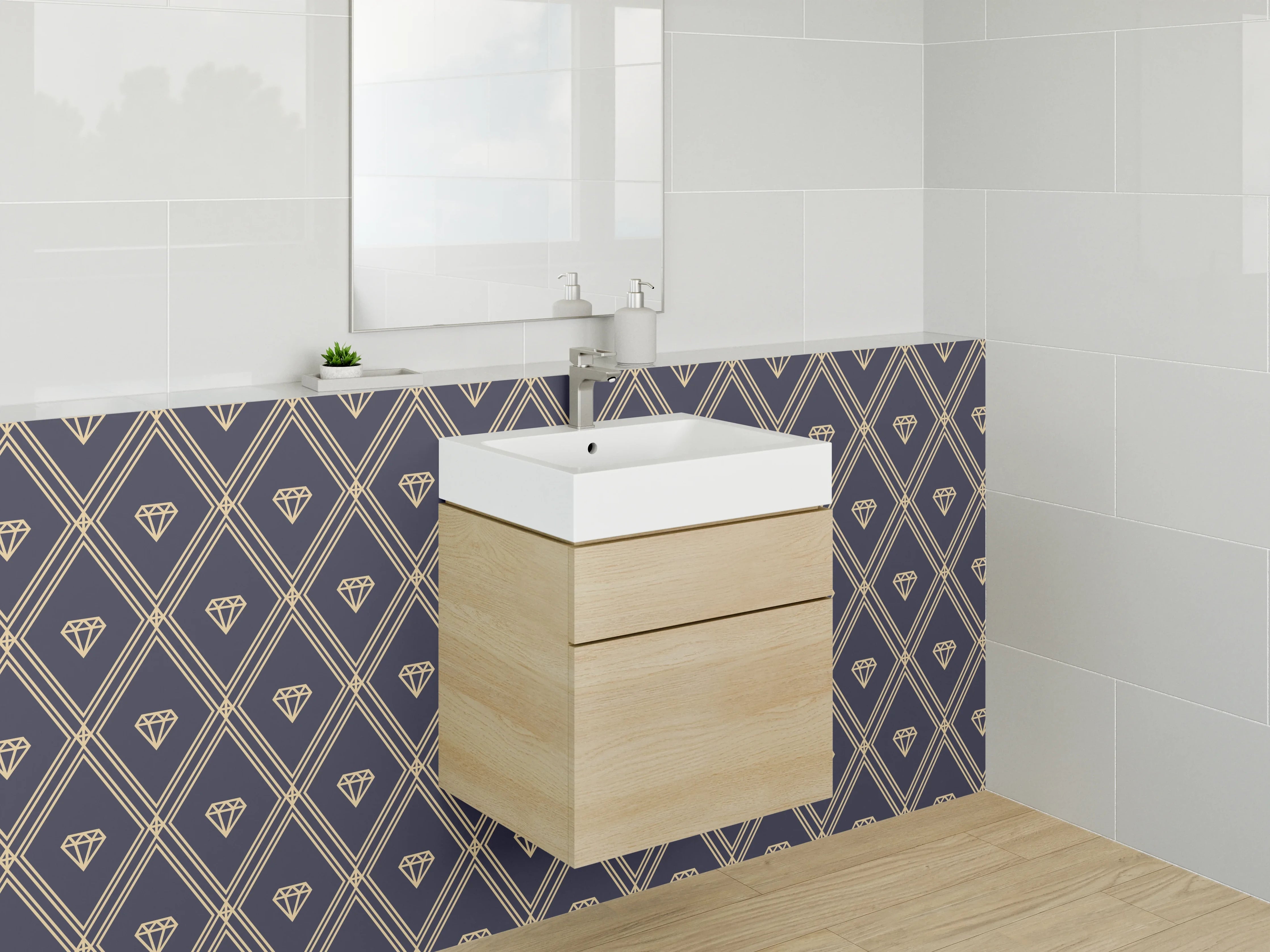 Waschbecken-Rückwand - Geometrisches Rautenmuster Modern Navy