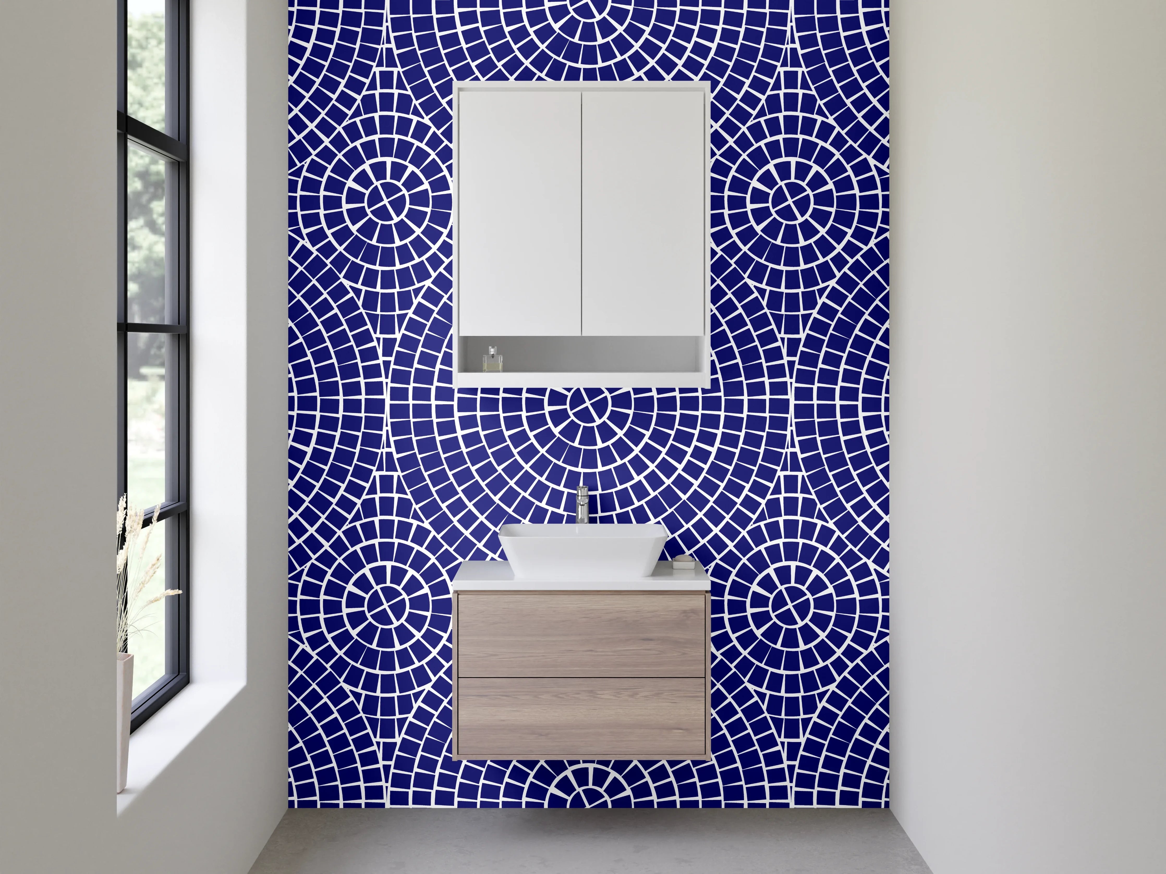 Waschbecken-Rückwand - Geometrisches Retro-Mosaik Blau Weiß