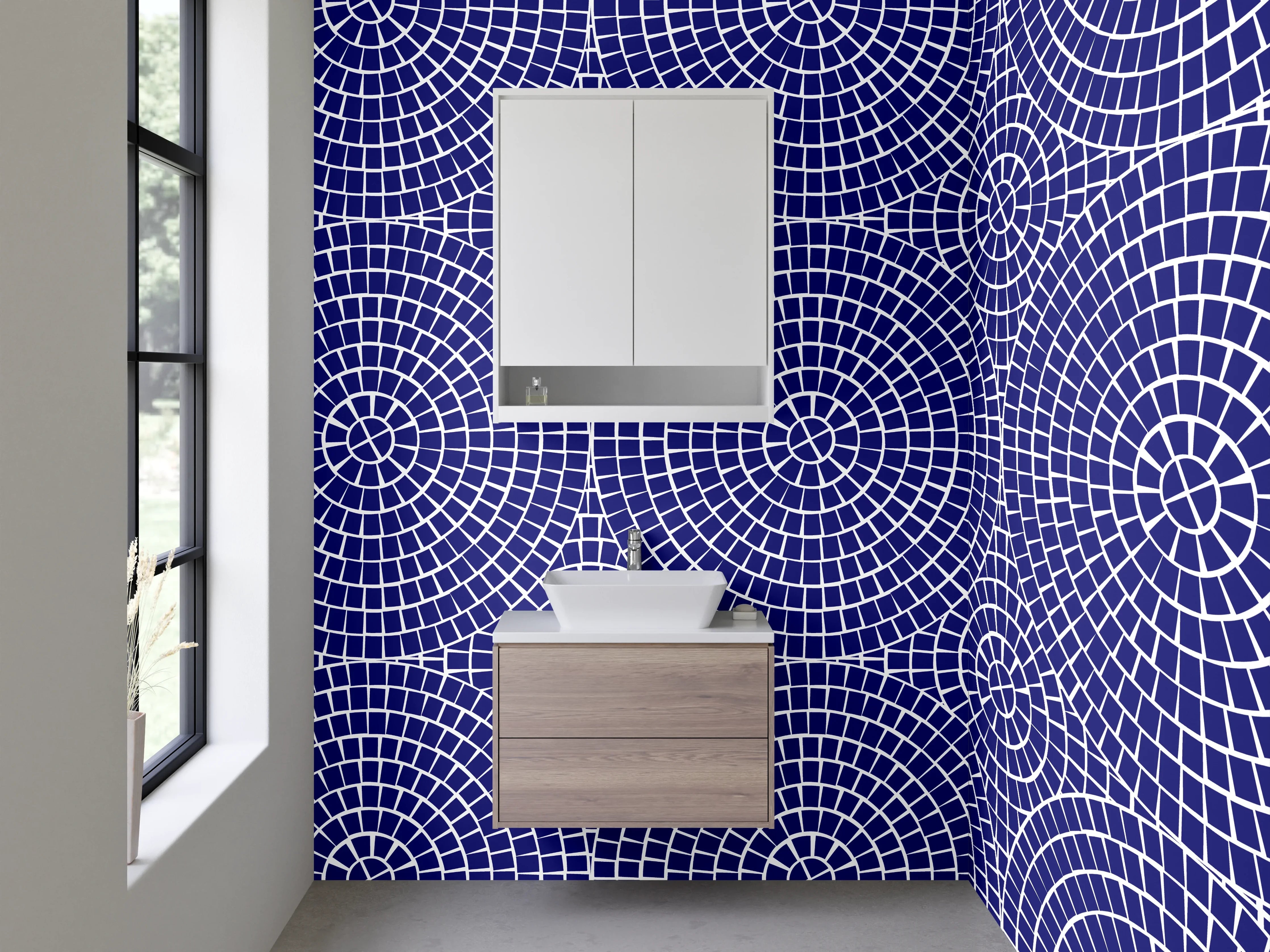 Waschbecken-Rückwand - Geometrisches Retro-Mosaik Blau Weiß