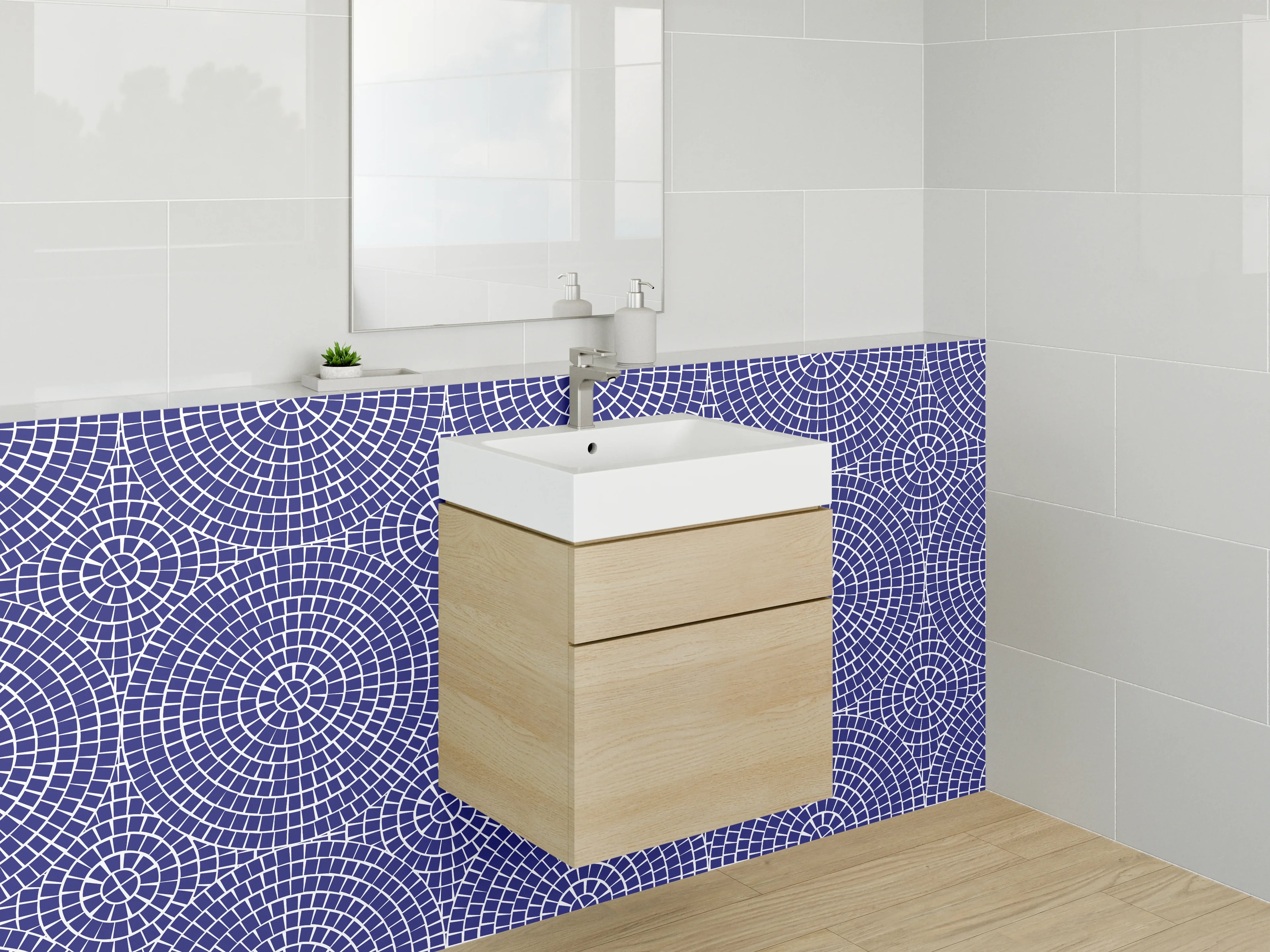 Waschbecken-Rückwand - Geometrisches Retro-Mosaik Blau Weiß
