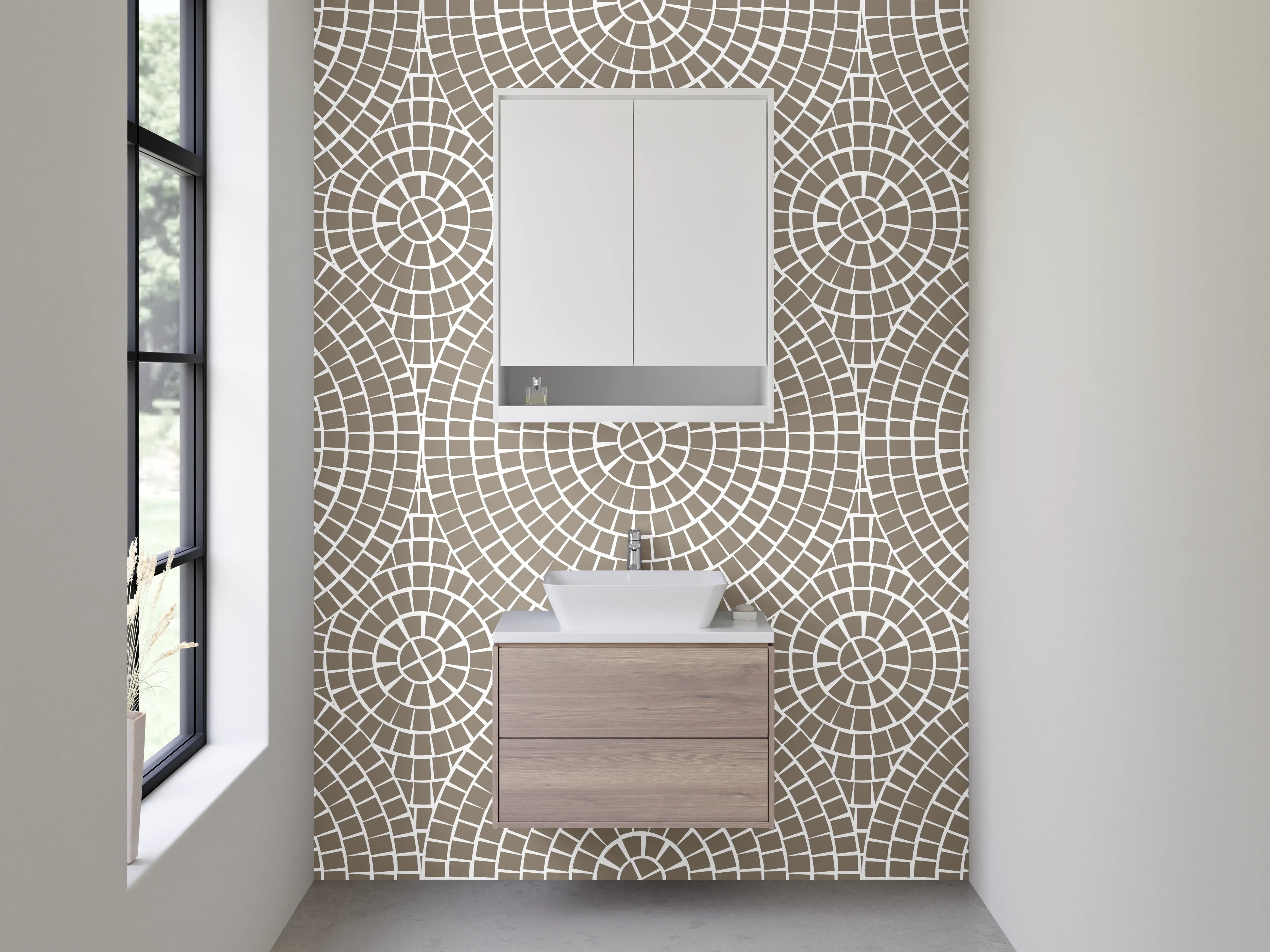 Waschbecken-Rückwand - Geometrisches Retro-Mosaik in Beige und Weiß