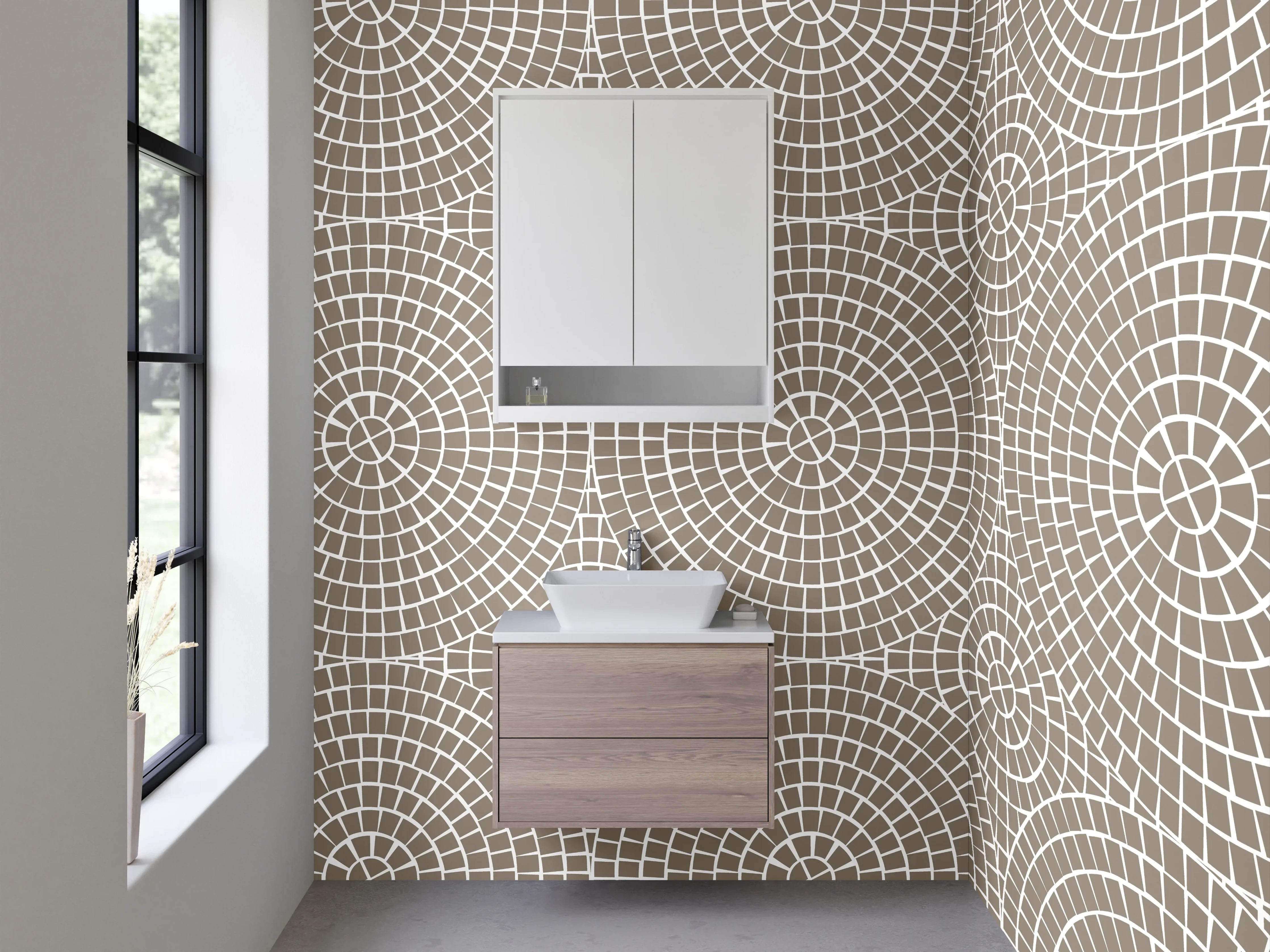 Waschbecken-Rückwand - Geometrisches Retro-Mosaik in Beige und Weiß