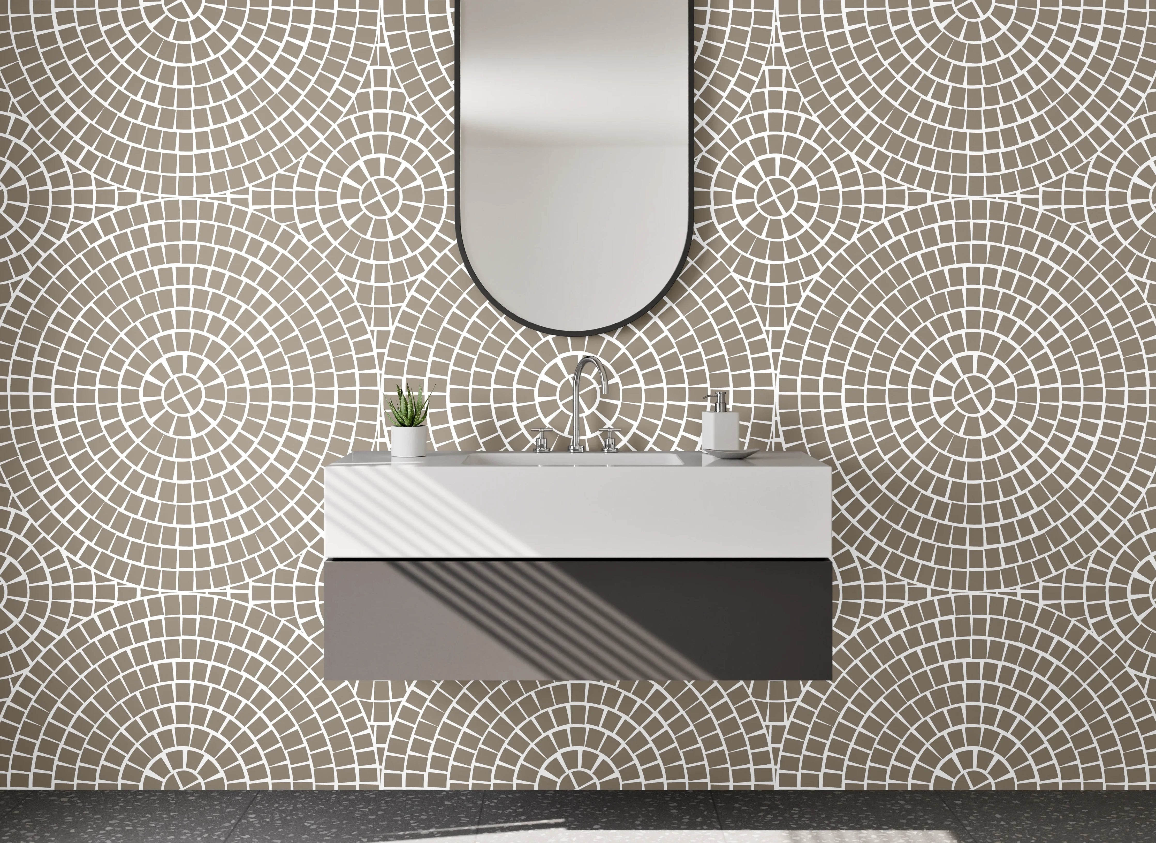 Waschbecken-Rückwand - Geometrisches Retro-Mosaik in Beige und Weiß
