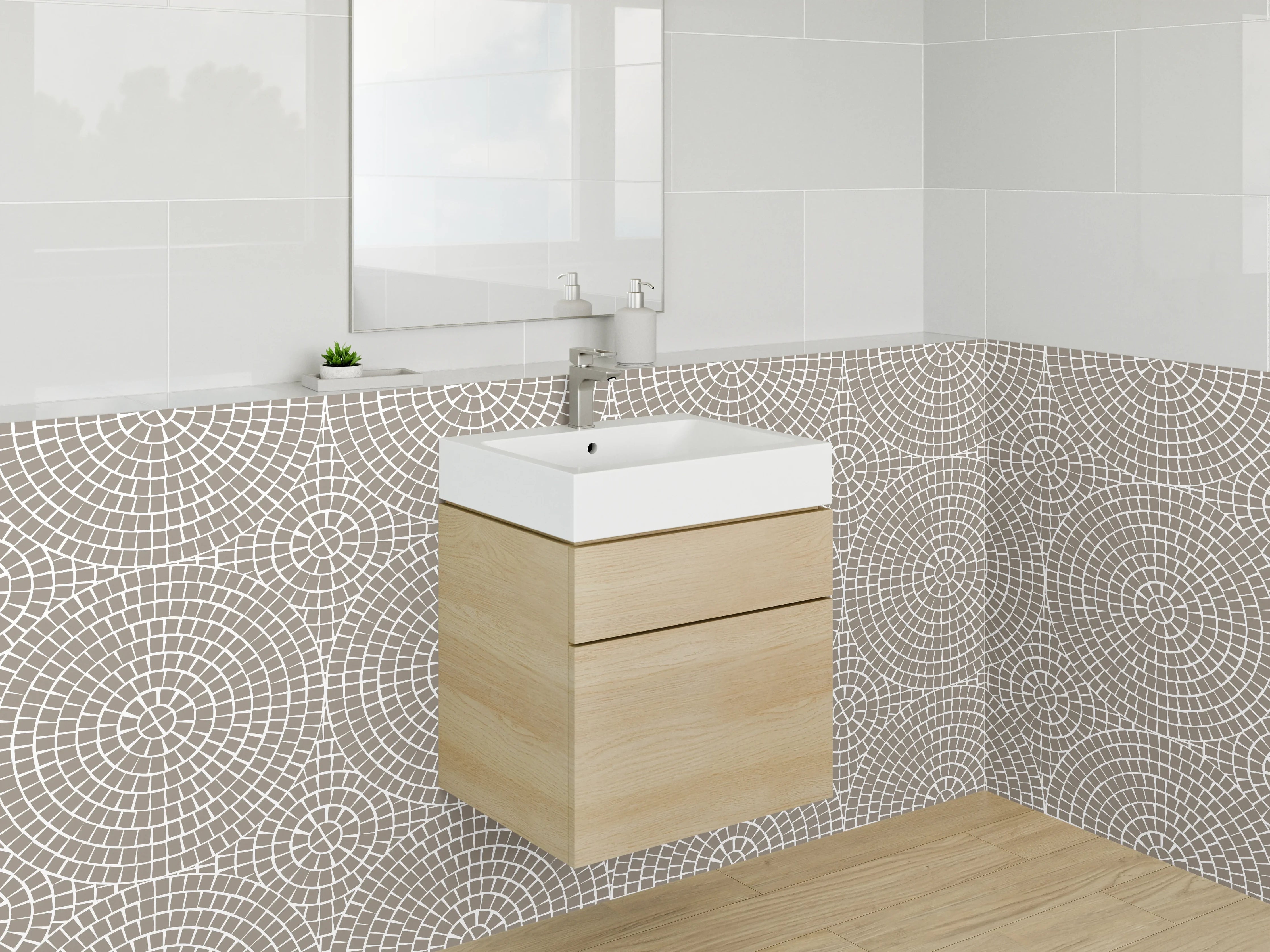 Waschbecken-Rückwand - Geometrisches Retro-Mosaik in Beige und Weiß