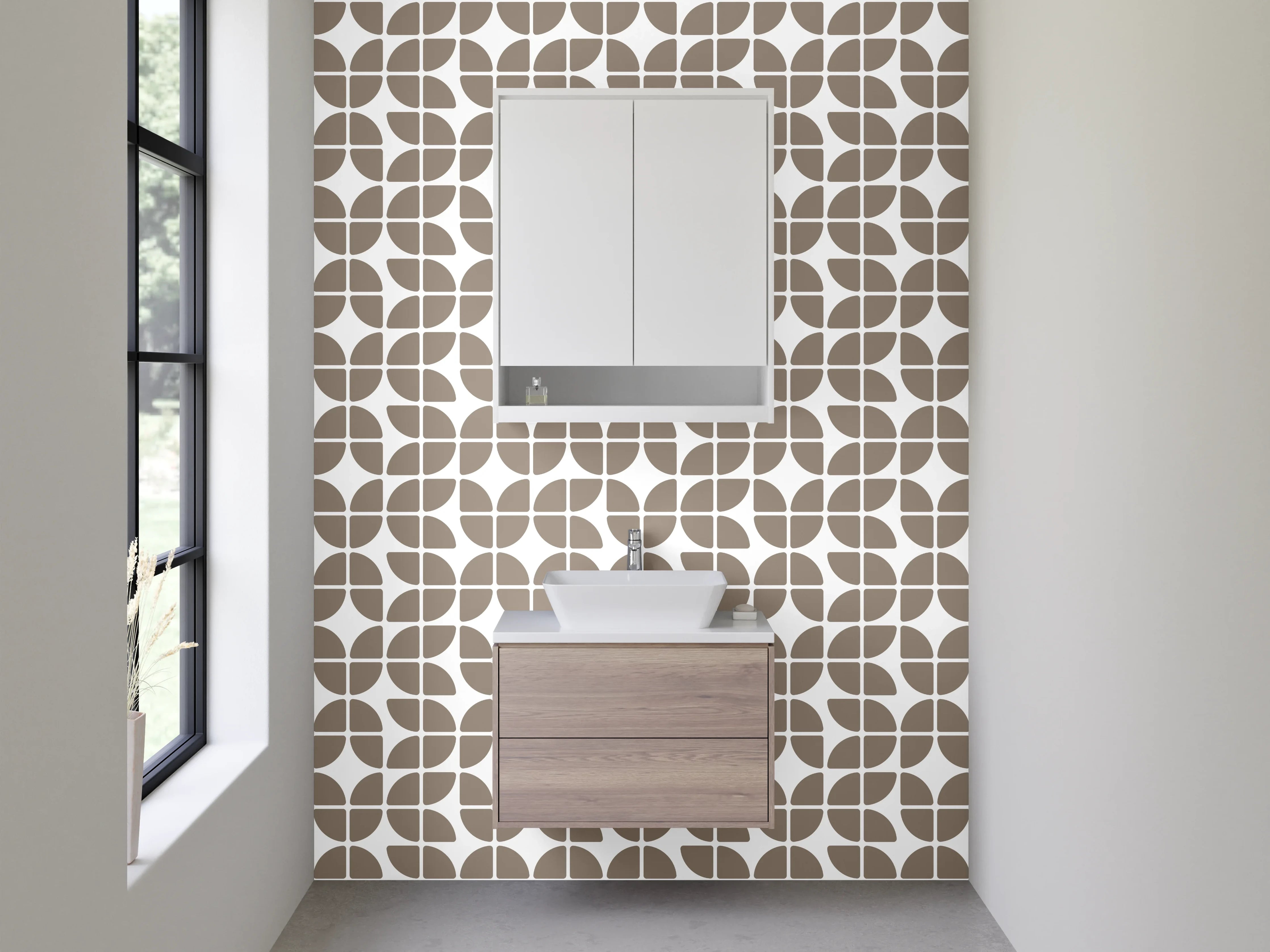 Waschbecken-Rückwand - Geometrisches Retro-Muster Beige Grau Weiß