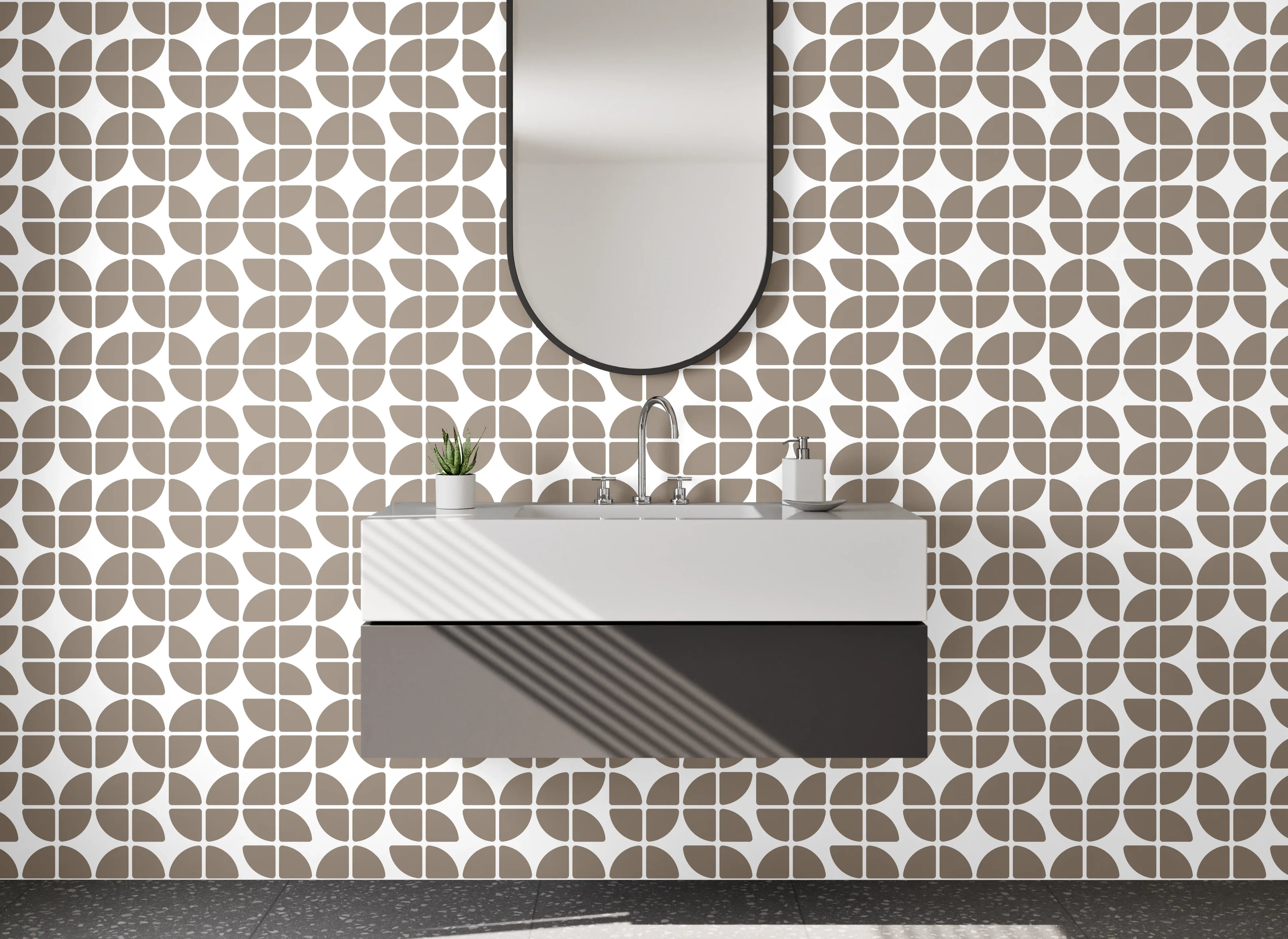 Waschbecken-Rückwand - Geometrisches Retro-Muster Beige Grau Weiß