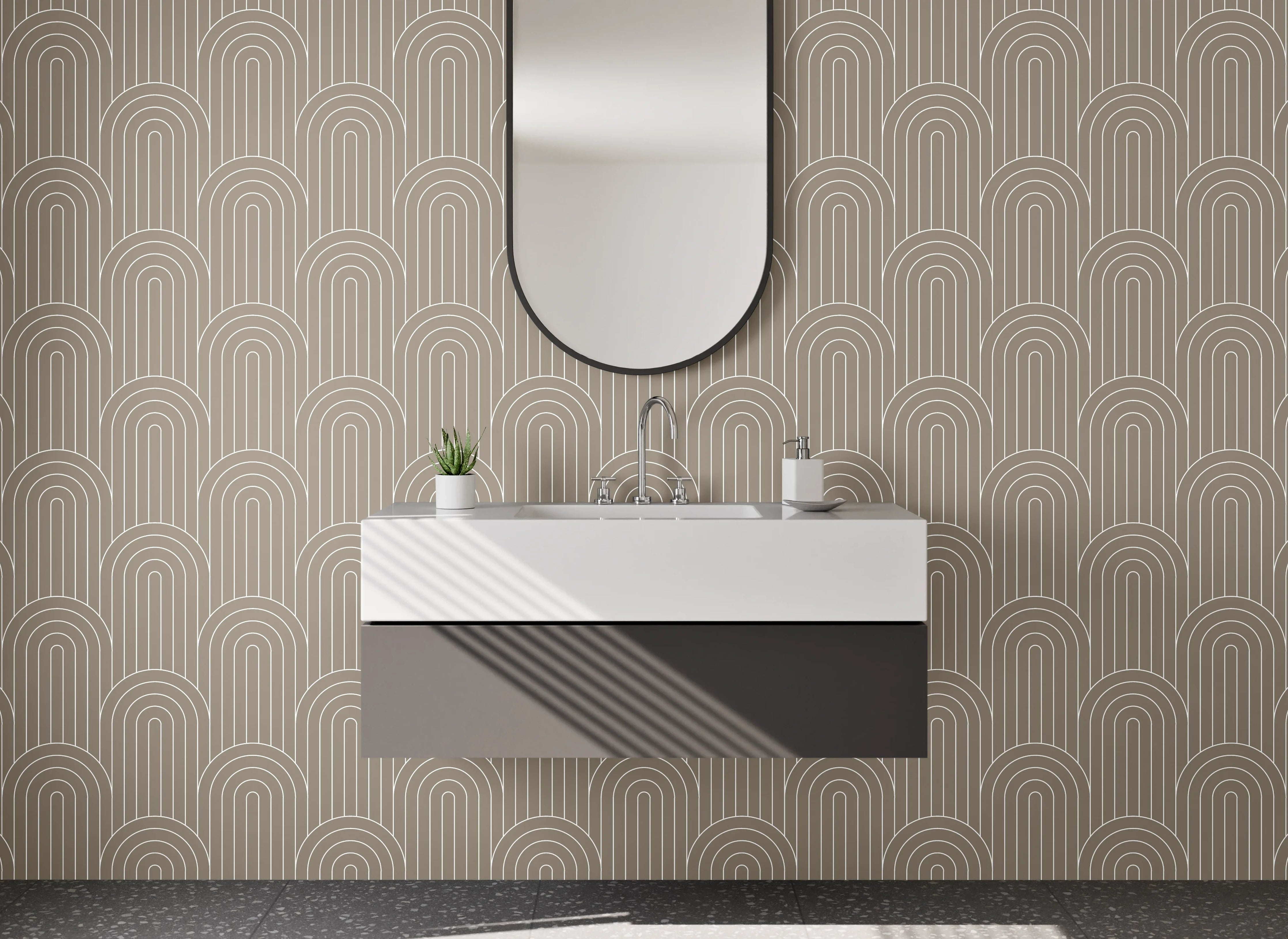 Waschbecken-Rückwand - Geometrisches Retro Muster Beige Linie