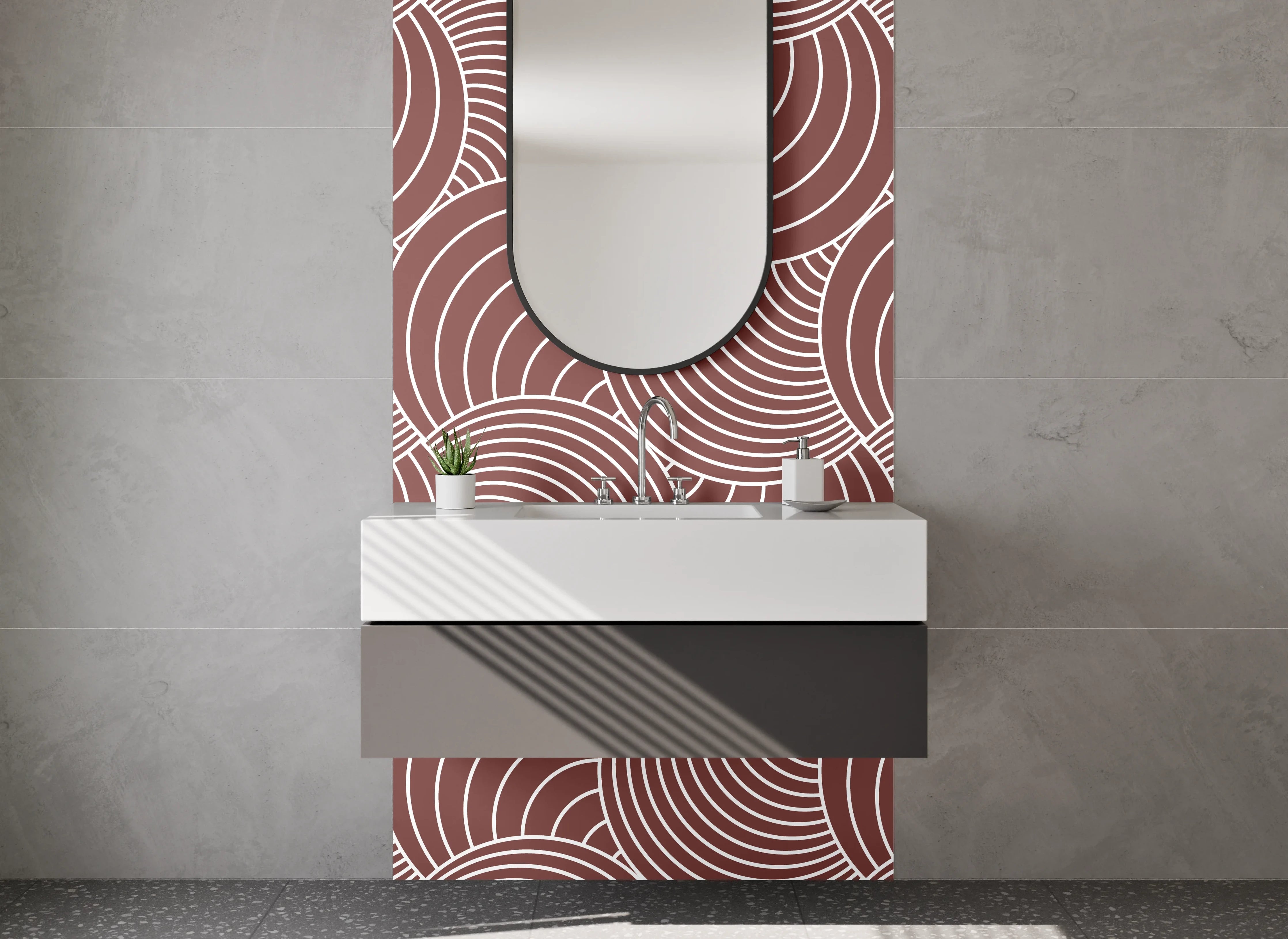 Waschbecken-Rückwand - Geometrisches Retro-Muster Braun Rosa