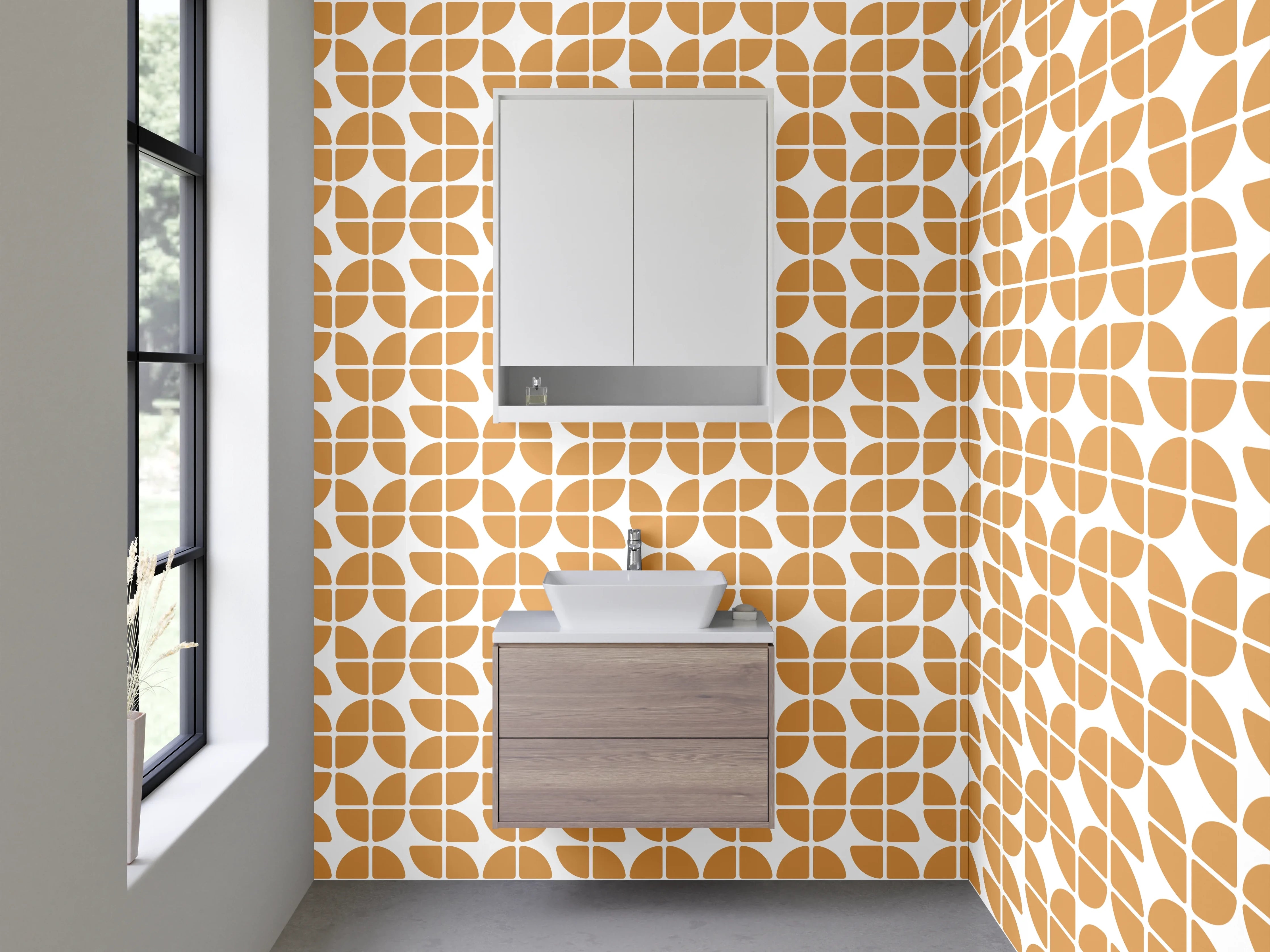 Waschbecken-Rückwand - Geometrisches Retro-Muster Orange Weiß