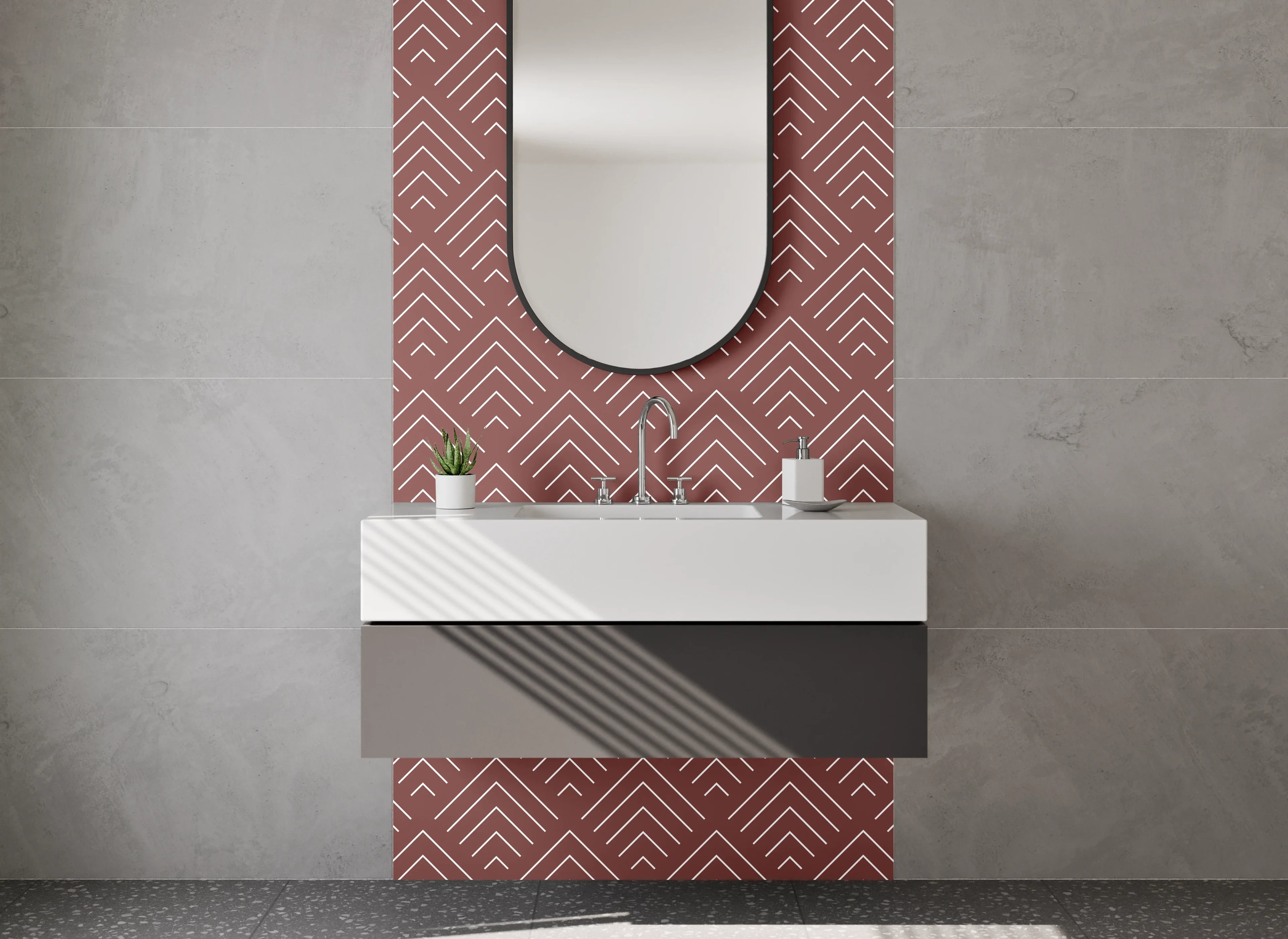 Waschbecken-Rückwand - Geometrisches Retro Muster Rot Weiß