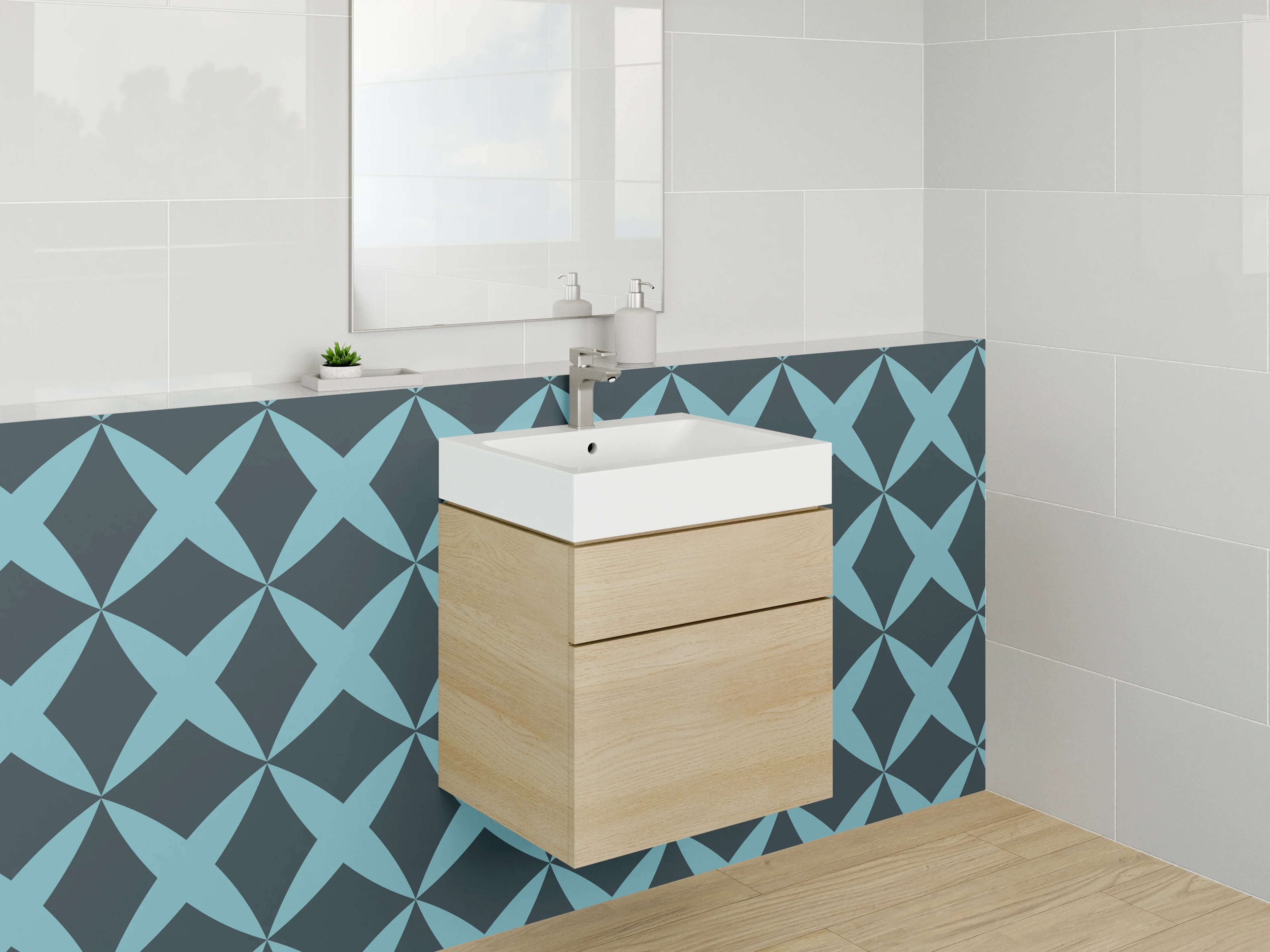Waschbecken-Rückwand - Geometrisches Retro-Muster Türkis Dunkelblau