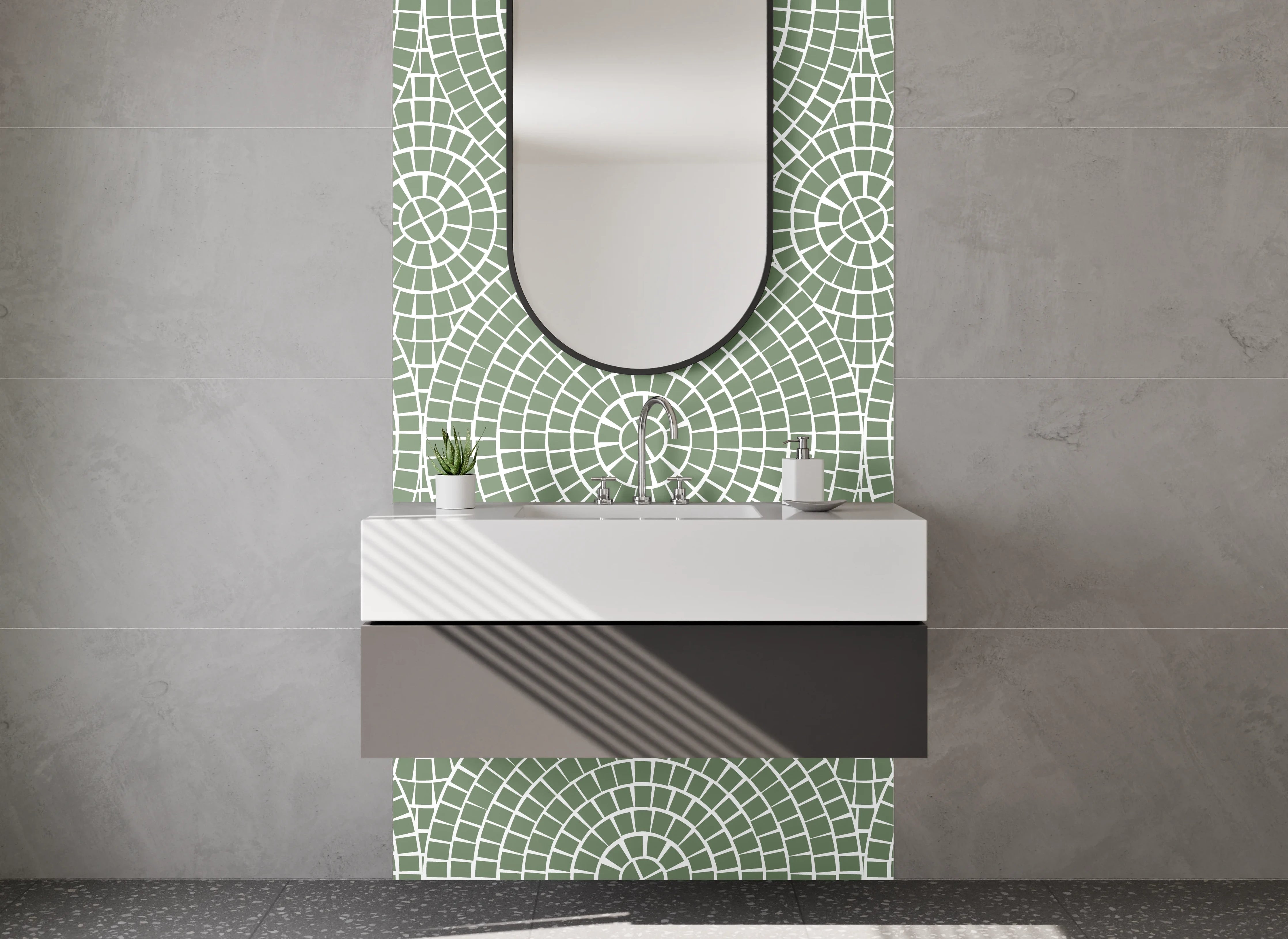 Waschbecken-Rückwand - Geometrisches Retro-Muster grün weiß