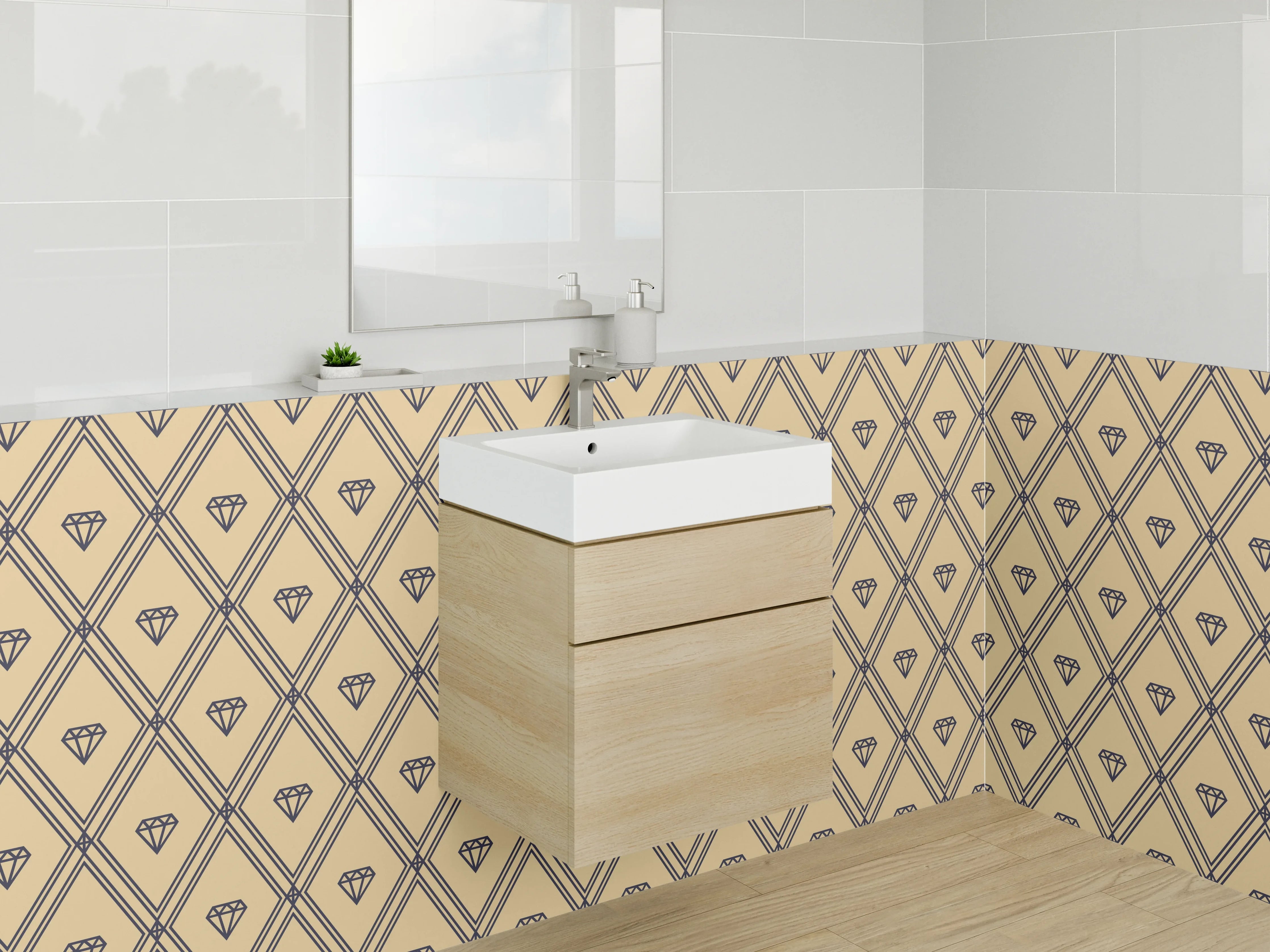 Waschbecken-Rückwand - Geometrisches Retro-Muster in Beige und Braun