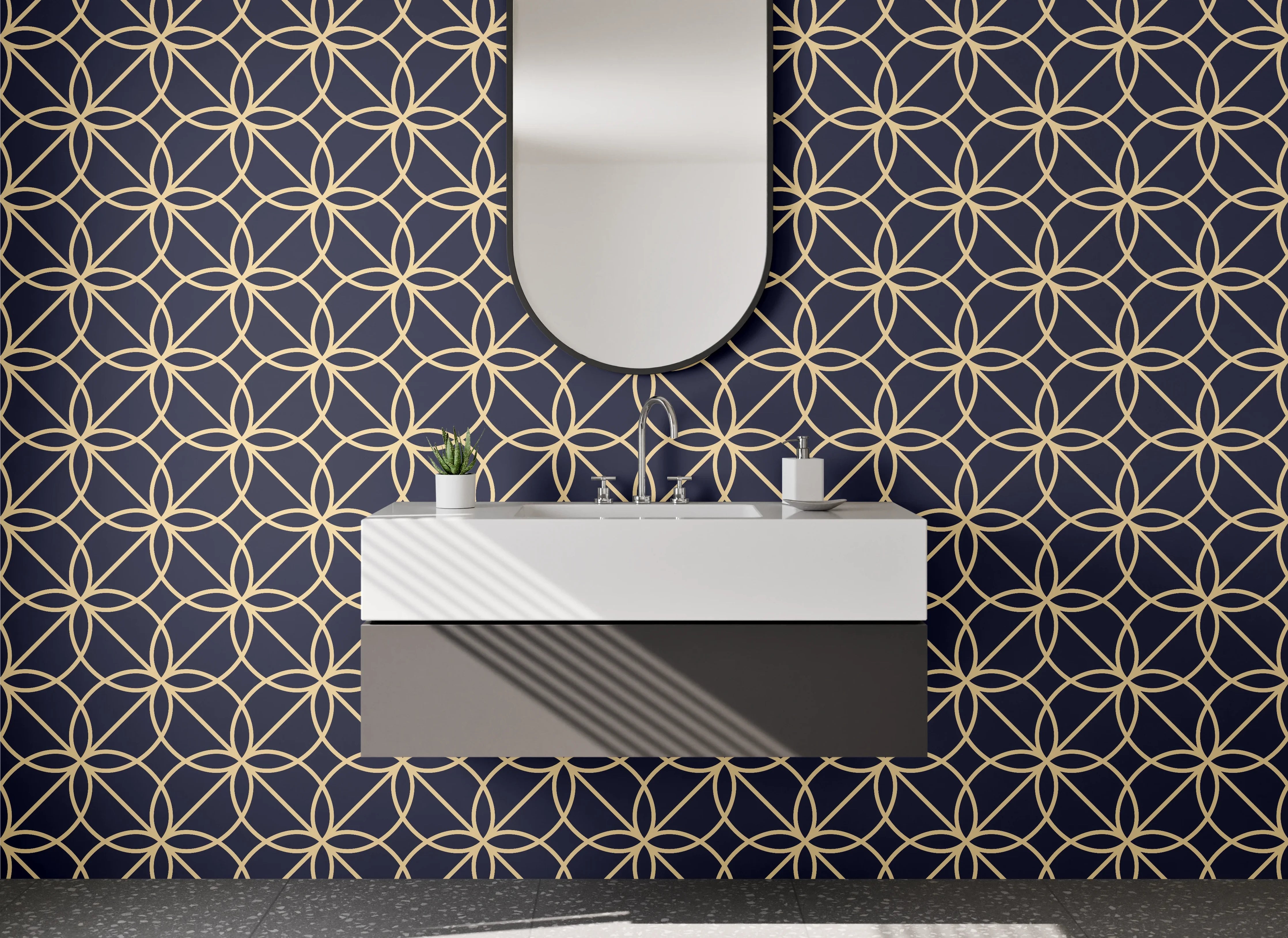 Waschbecken-Rückwand - Geometrisches Retro-Muster in Gold auf Dunkelgrau