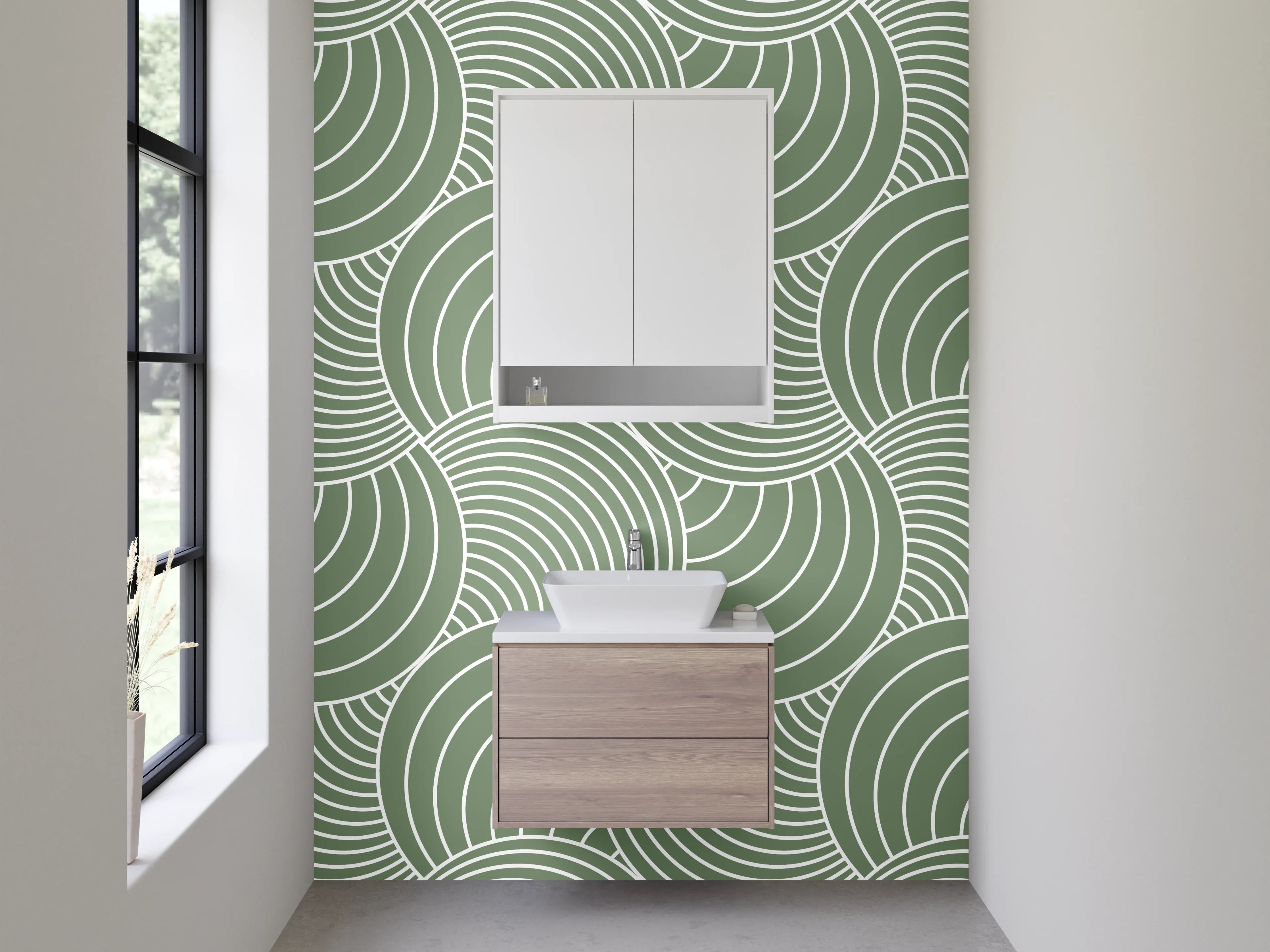 Waschbecken-Rückwand - Geometrisches Retro-Wellenmuster Grün Weiß