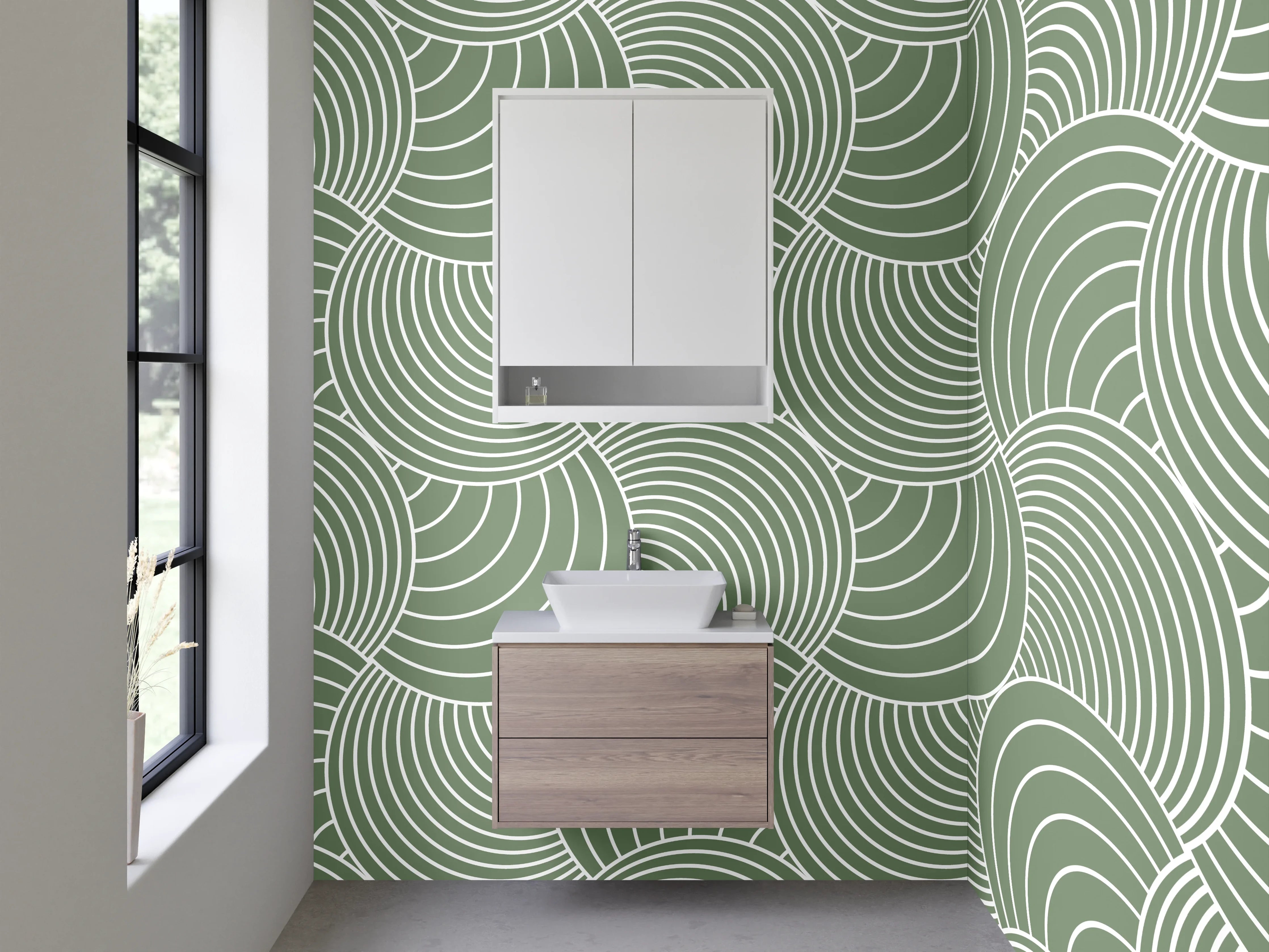 Waschbecken-Rückwand - Geometrisches Retro-Wellenmuster Grün Weiß